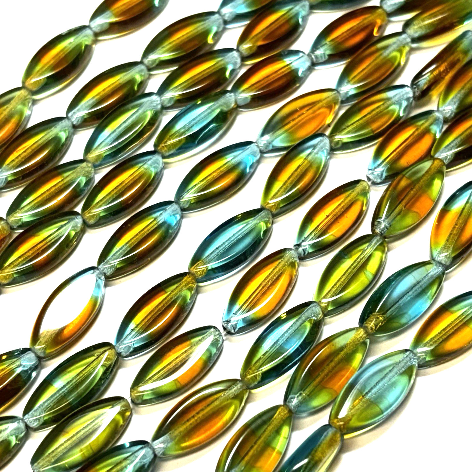 8 17x8mm Czech Glass Spindle Marquise Blend of Aqua and Gold