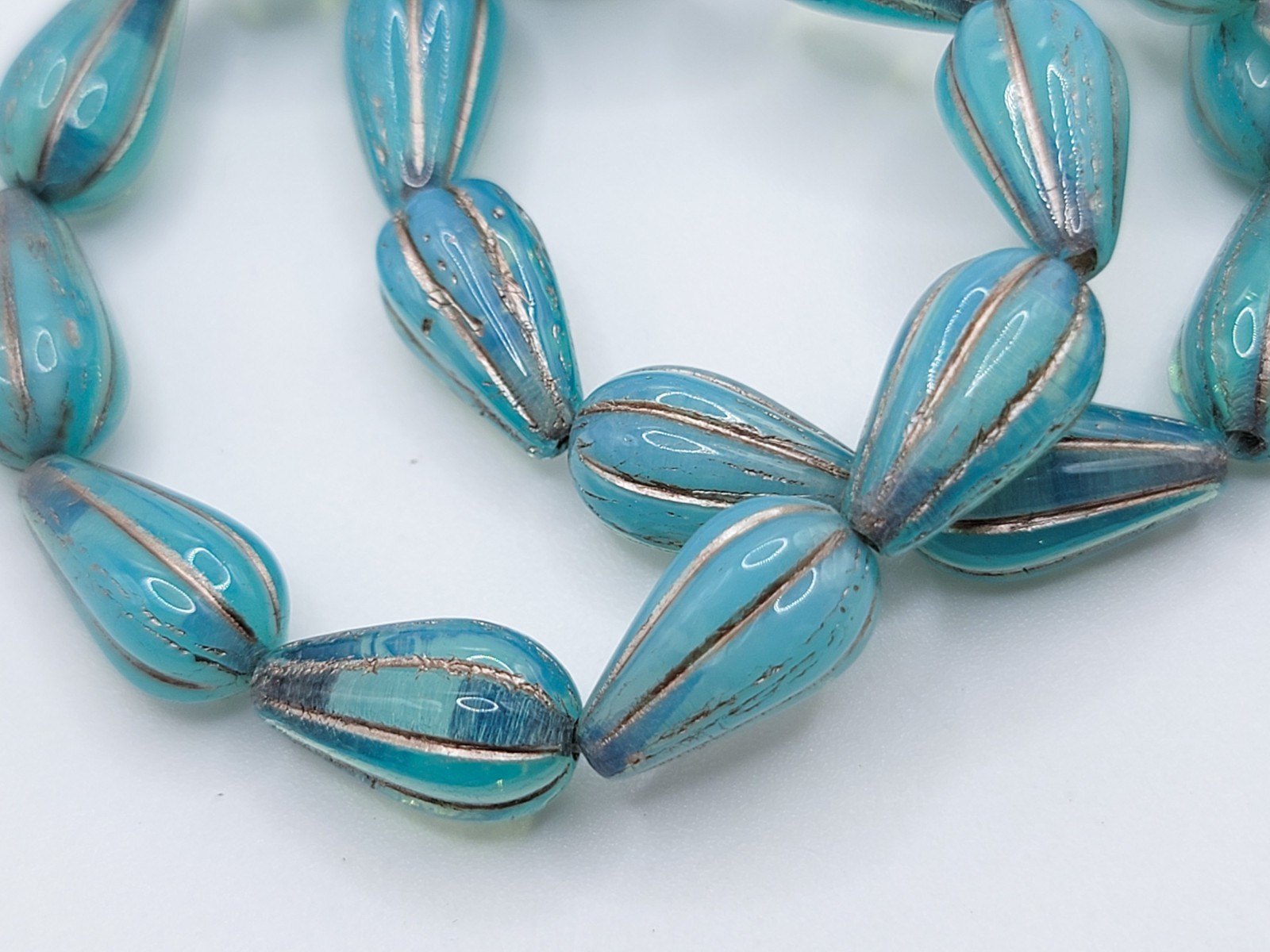 Melon Drop Uranium Glass Beads 13x8mm Czech Blue Opal Silver Wash 10pc Strand