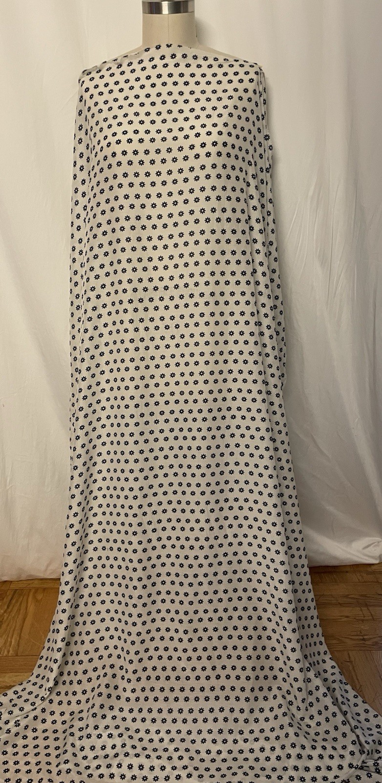 100% Fine Silk Batiste White Navy Blue Floral Motif Fabric 1.75 Yds Long 54″Wide