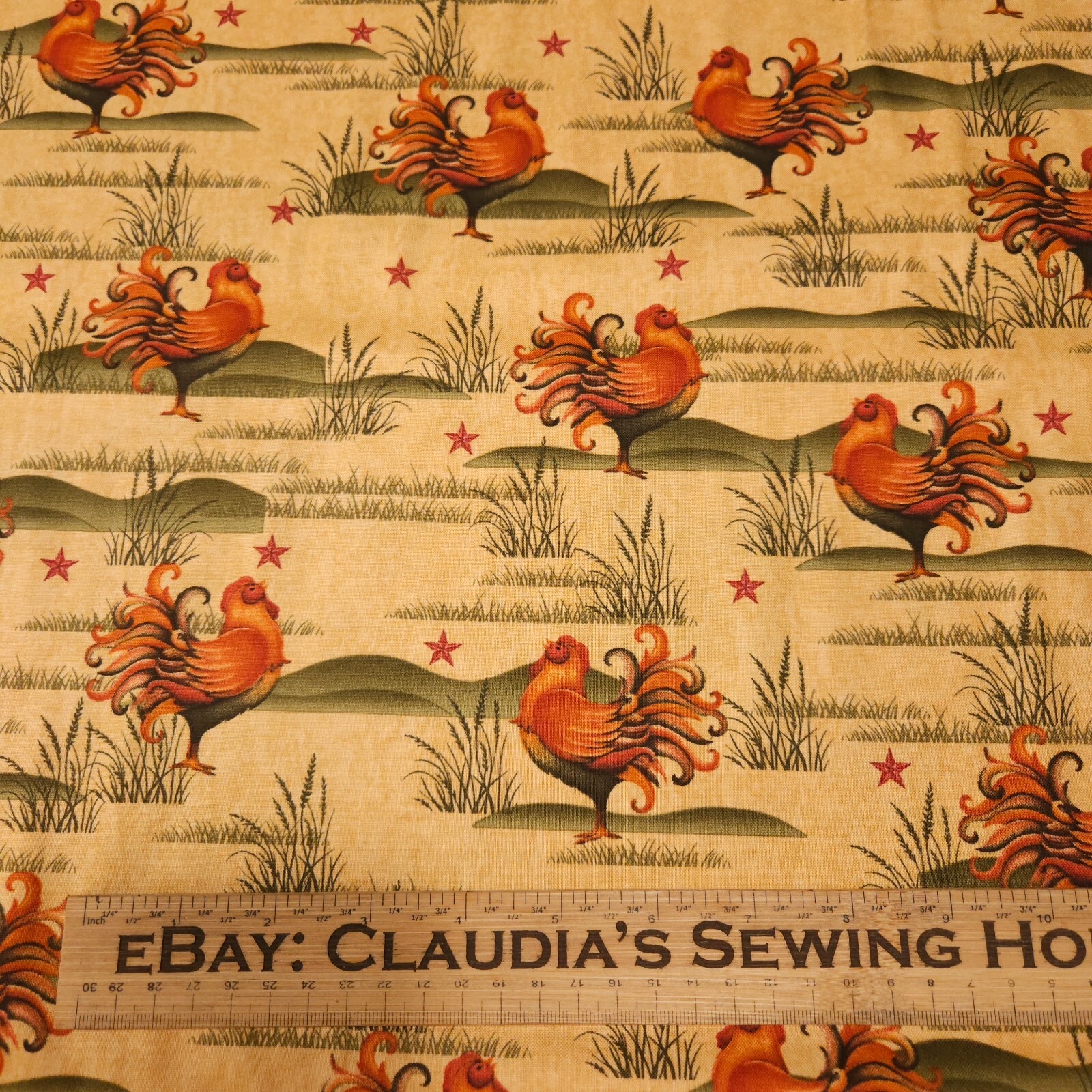 Country Charm BTY Angela Anderson VIP Roosters Rust Sage Deep Tonal Tan