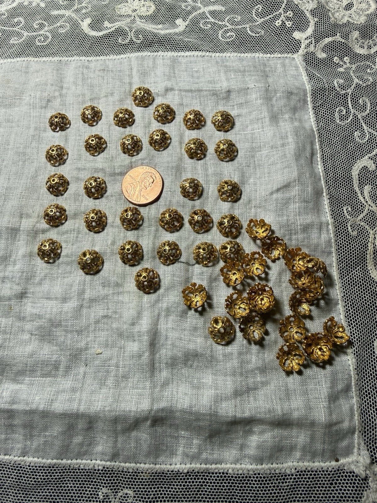 50 Vintage New England filigree brass beadcaps antique gold finish 10mm