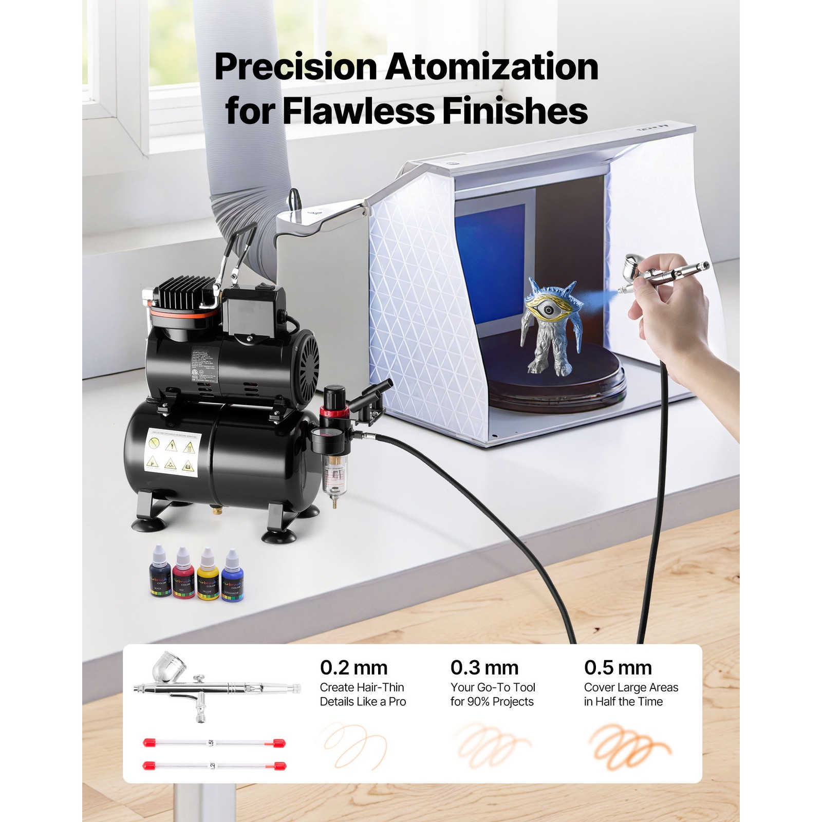 Uimoso Airbrush Kit with Compressor, Tank, Single Airbrush, and 3 Nozzles