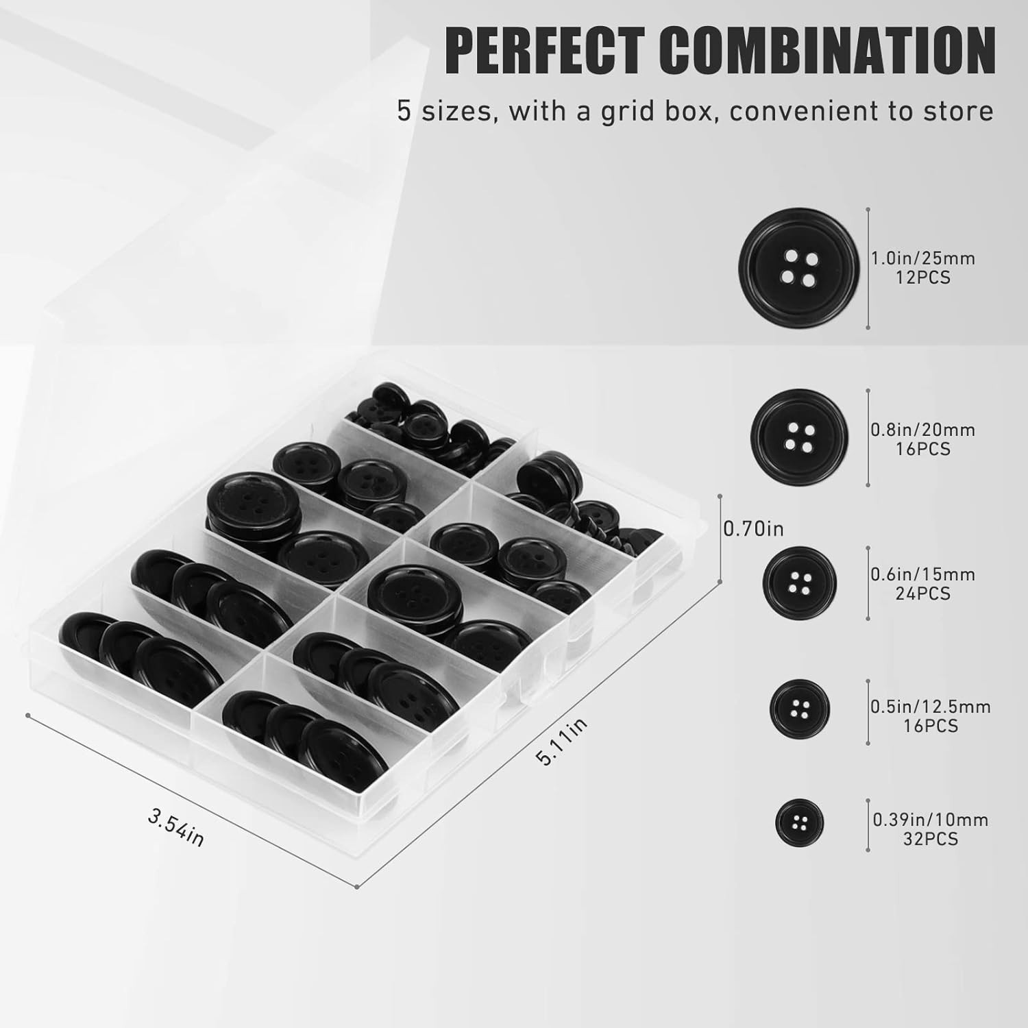 100 Pcs Eco-Friendly Black Resin 4-Hole Sewing Buttons, 5 Sizes, Organizing Box
