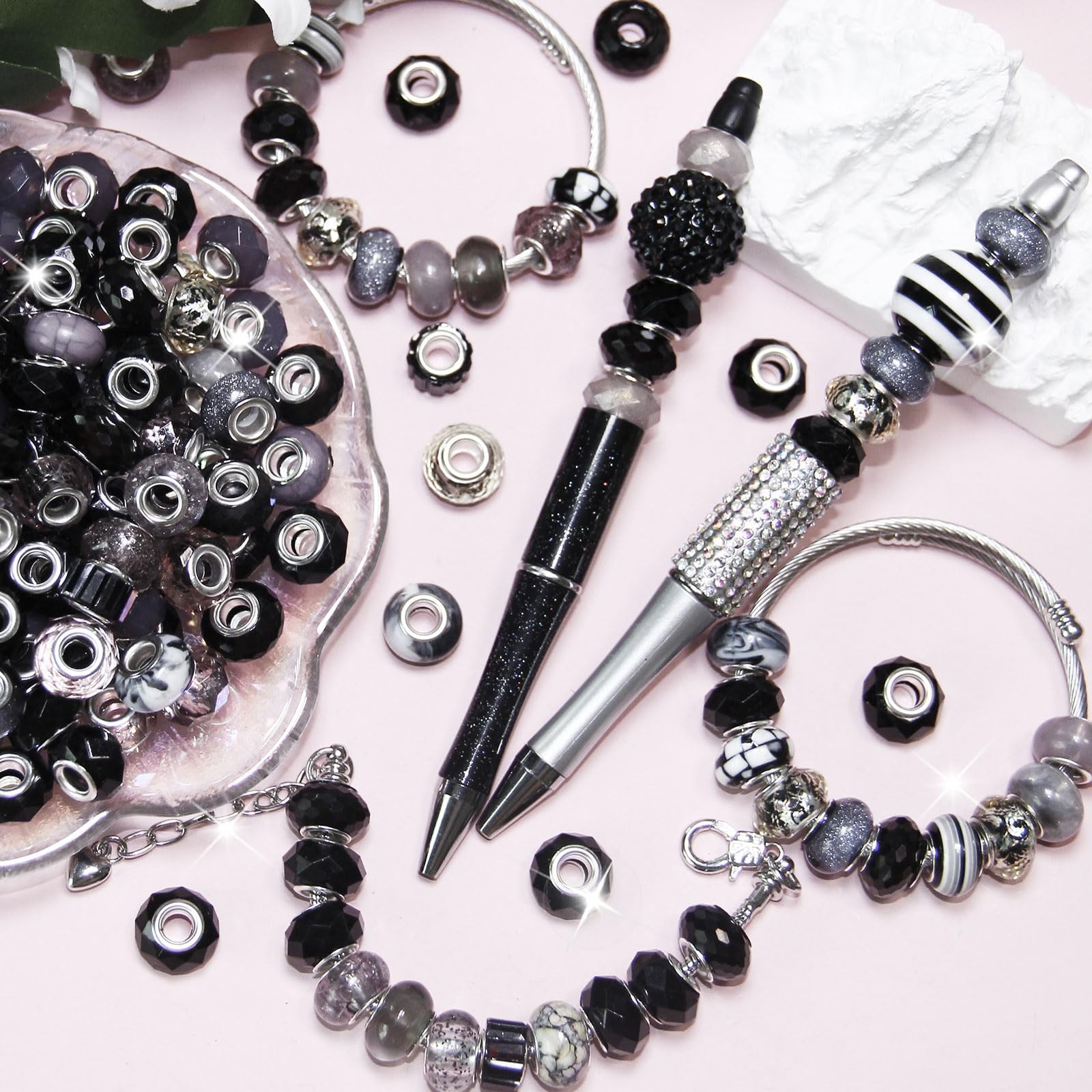 100 Pieces Large Hole Beads, Assorted European Craft Beads 100pcs, Black