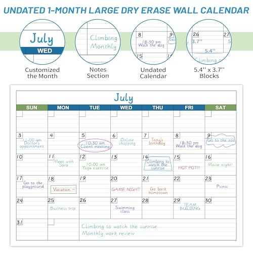 Large Dry Erase Calendar – Undated 1 Month Dry 40″ x 28″ Dry Erase Calendar