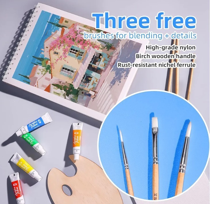 WINSONS Non Toxic 24 Colors Acrylic Paints Set 12ml With 3 Bonus Brushes