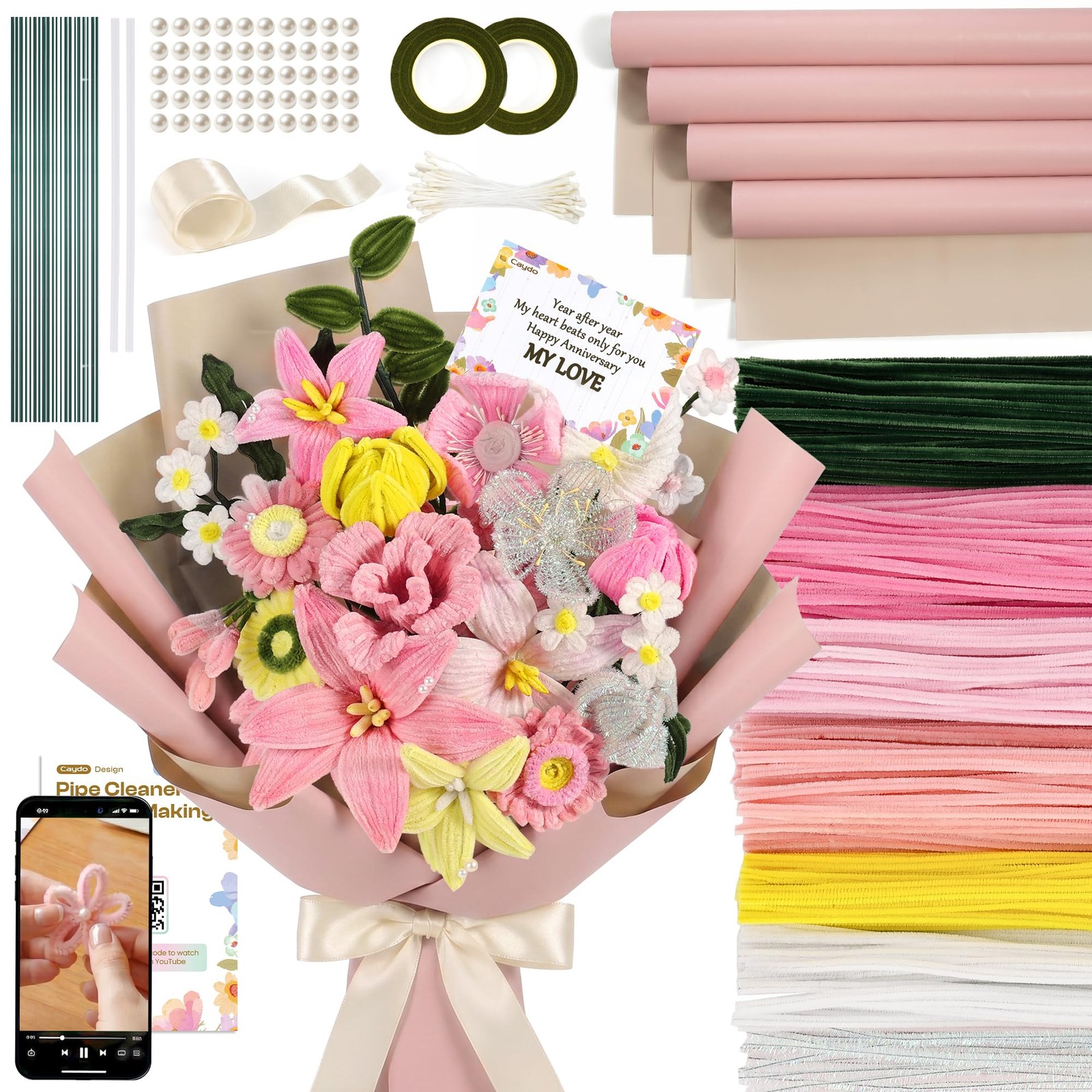 700 Pcs Pipe Cleaner Flower Kit 7 Colors 6mm x 30cm Pink