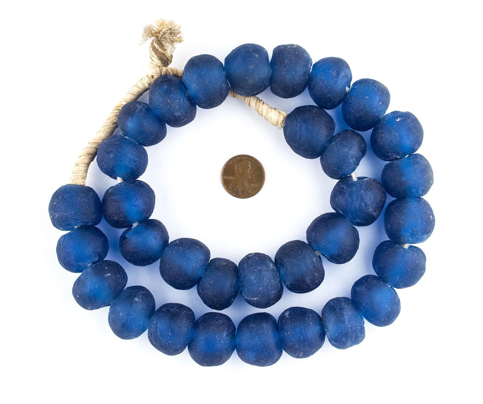 Jumbo Blue Recycled Glass Beads 26mm Ghana African Sea Glass Round Large Hole