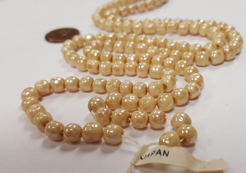 130 VINTAGE JAPANESE CHERRY BRAND GLASS BEIGE SATIN AB 6mm. BAROQUE BEADS 4732