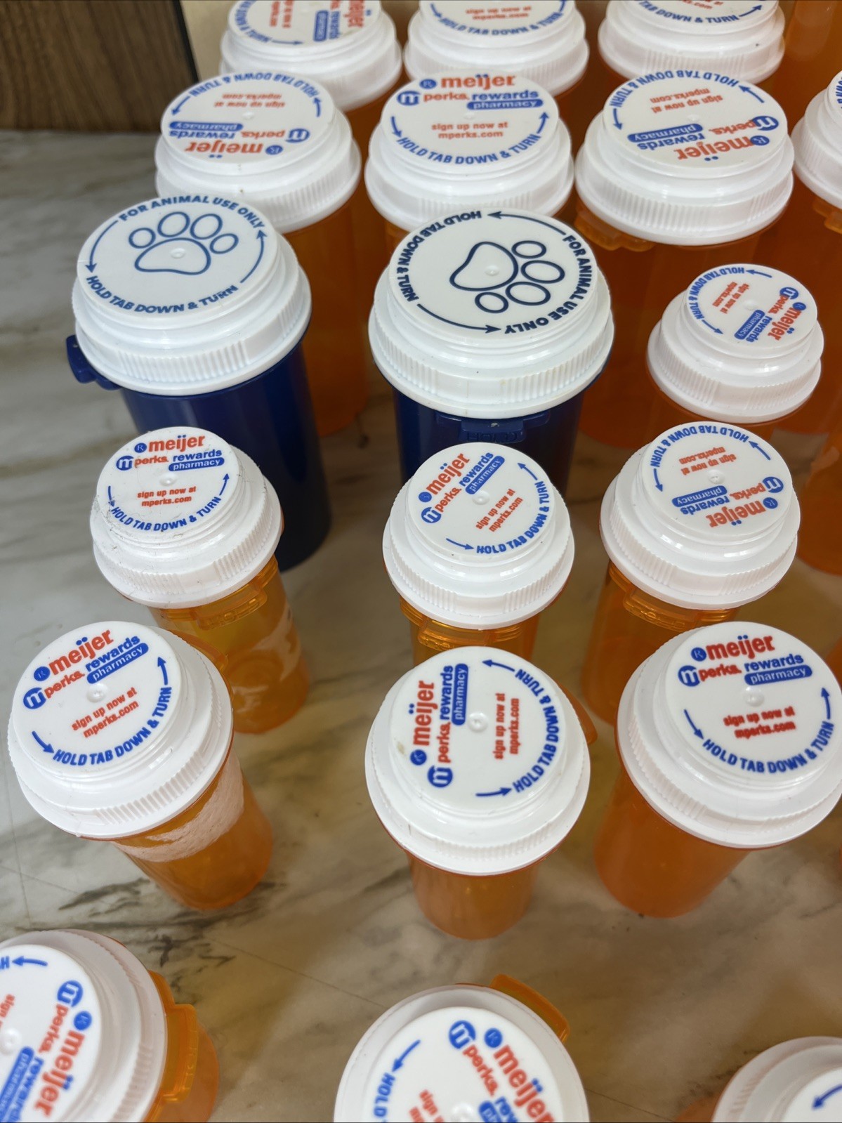 Lot Of 61 Empty medicine Bottles All amber Minus 2 Blue, Various Sizes