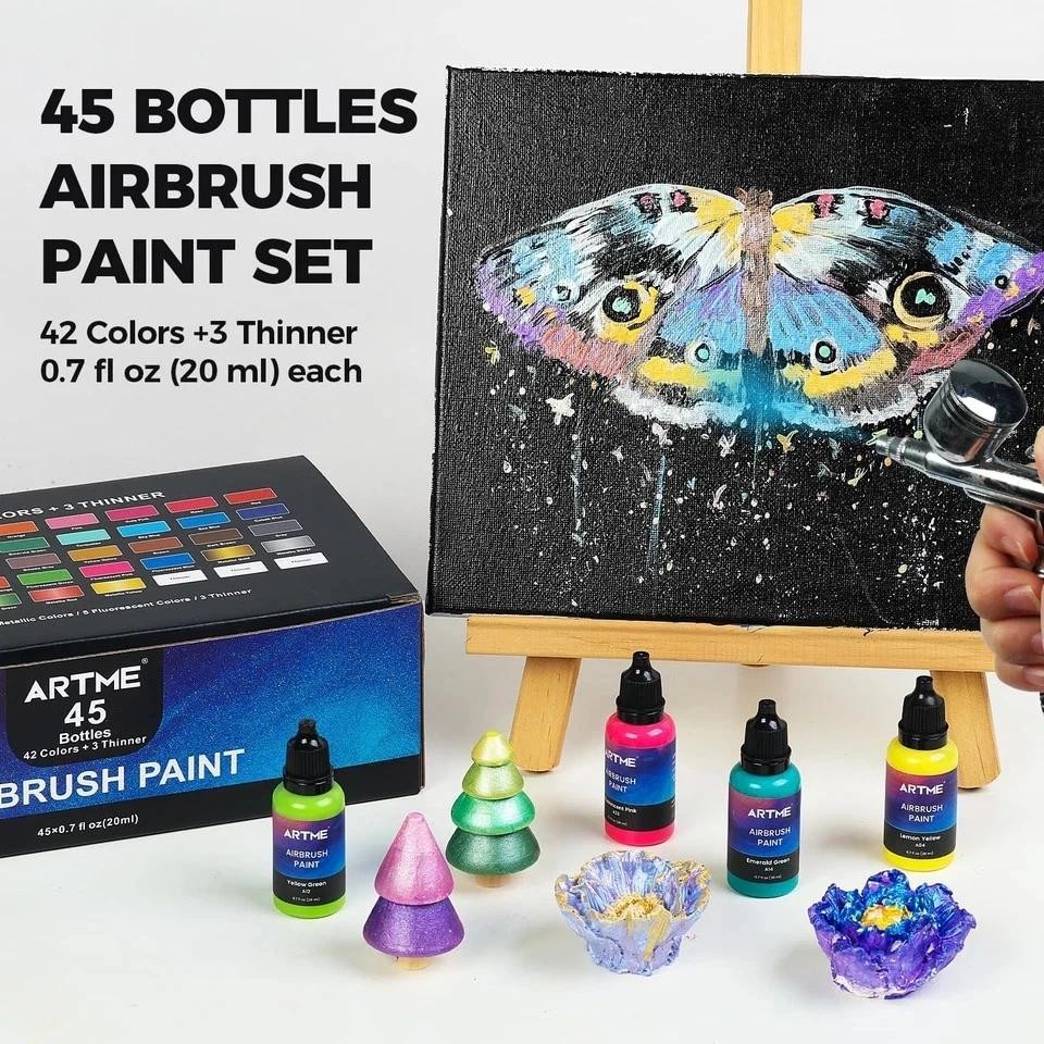 42 Color Acrylic Airbrush Paint Set with Thinners – Opaque, Metallic, Neon