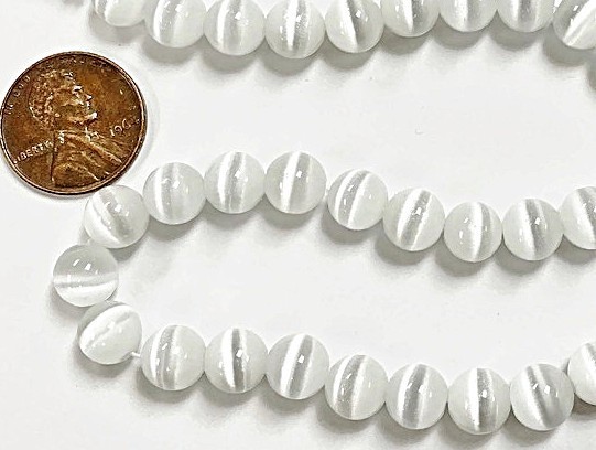 50 Cat’s Eye Fiber Optic Glass White 8mm. Smooth Round Beads 2569