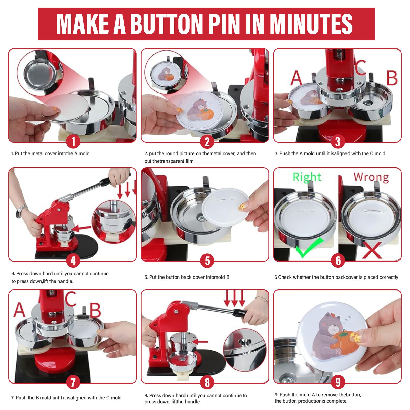 Button Maker Machine Multiple Sizes 300Pcs, Photo Pin Badge Maker 1.25+2.28+3In