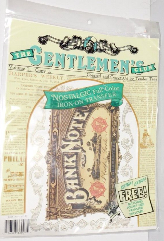 TENDER TEES IRON ON TRANSFER “BANK NOTE CIGAR” Gentlemen’s Club Vtg 1992 NEW NOS