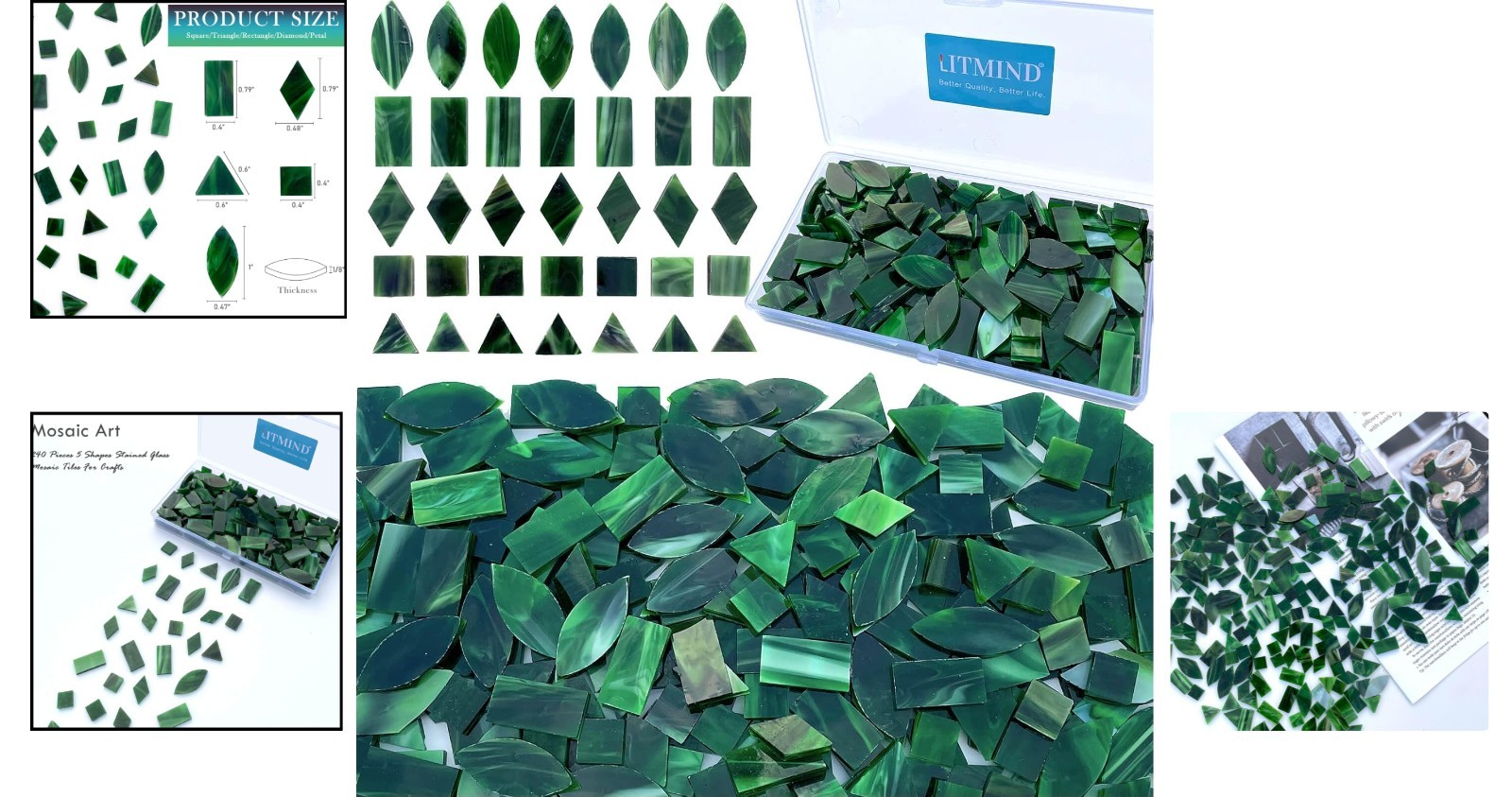 240 Piece Forest Green Stained Glass Mosaic Tiles – 5 Shapes for DIY Crafts