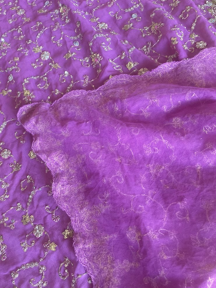Vintage Indian Orchid Lavender Scarf Zardozi Gold Sequin Kundan Dupatta 100×44