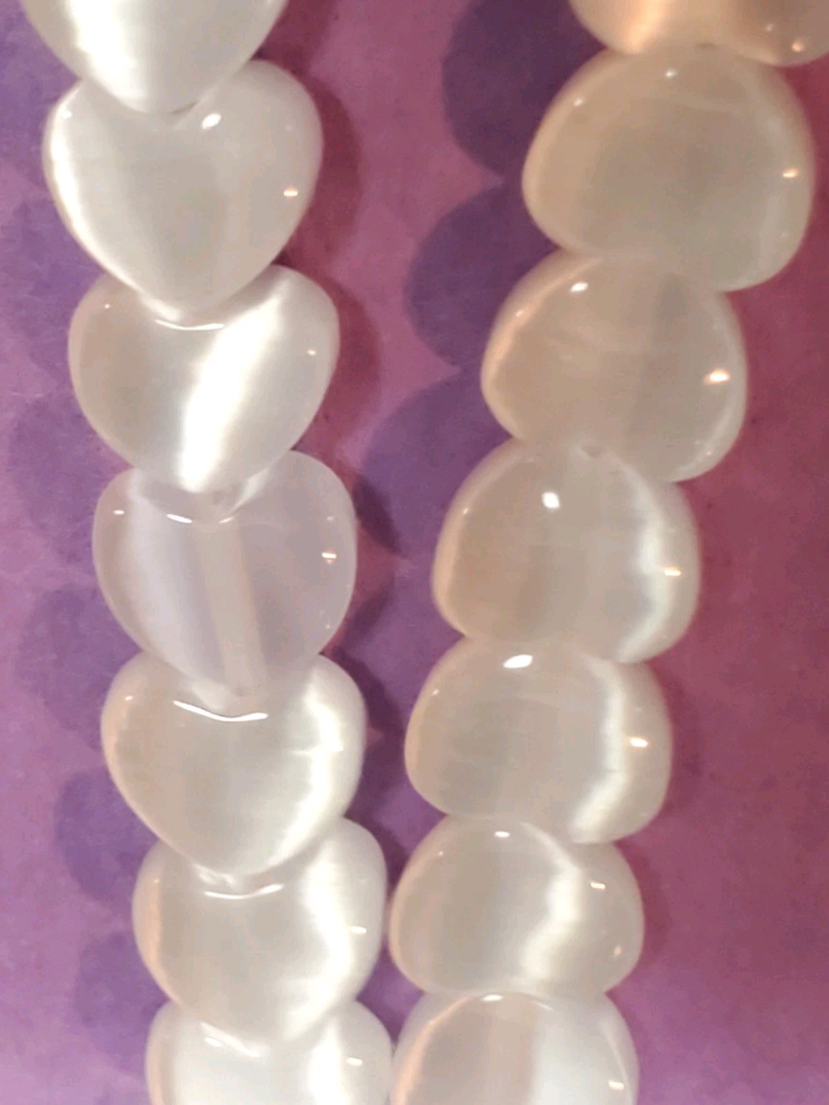 White Cat’s Eye Glass Heart Bead Strands 6mm Puff Heart Lot of 3 Crafting 225 Pc