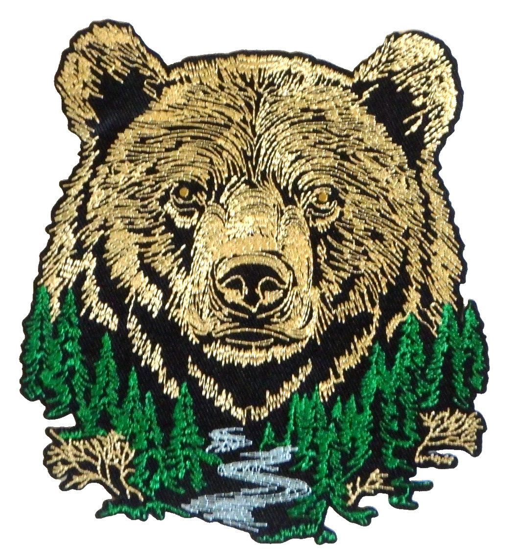 Large BROWN BEAR Head in Forest 5.75″x 5″ Embroidered Iron On Patch / NEW