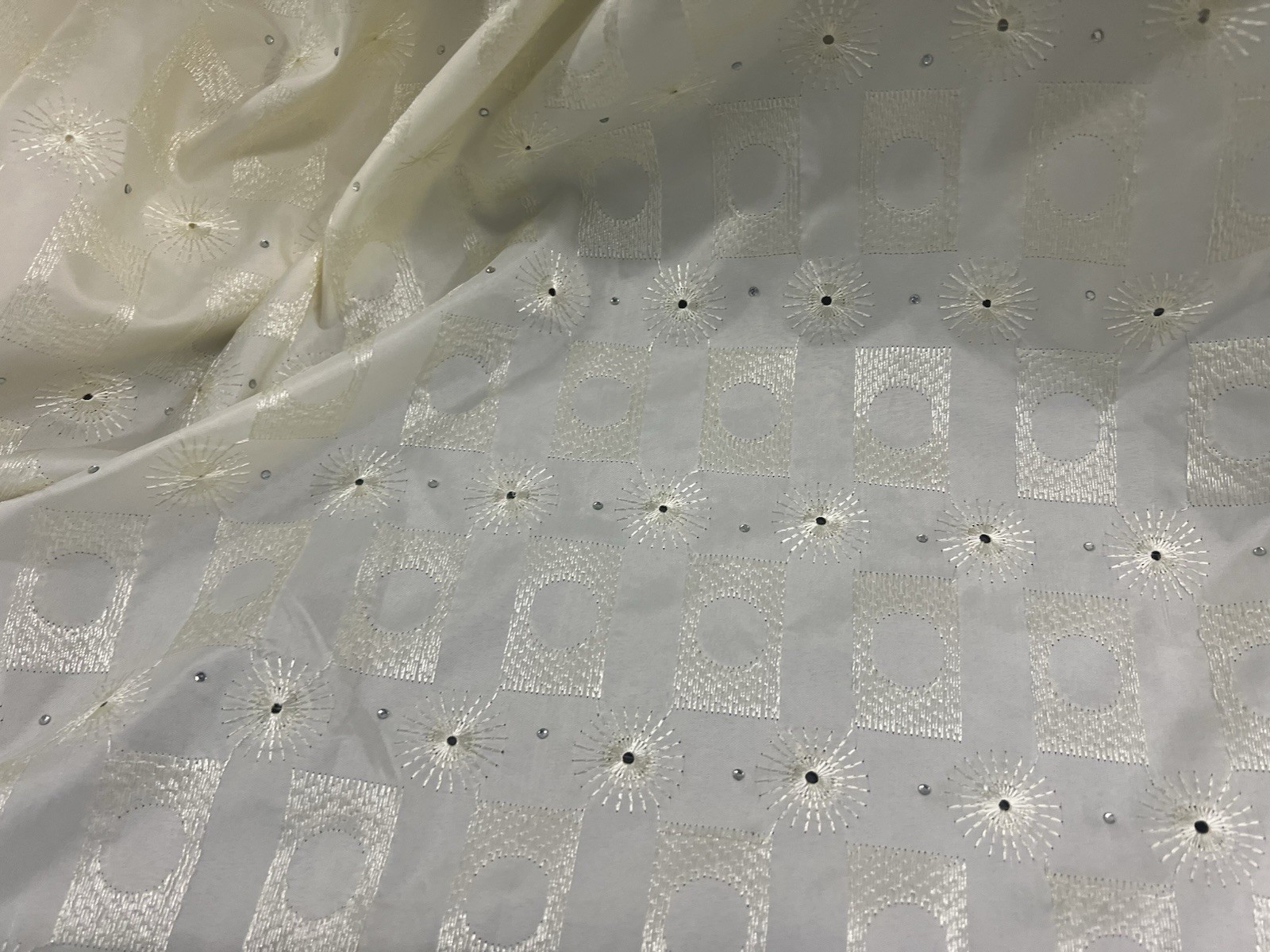 5 Yard Ivory Cotton Embroidery Rhinestones fabric 50” Width