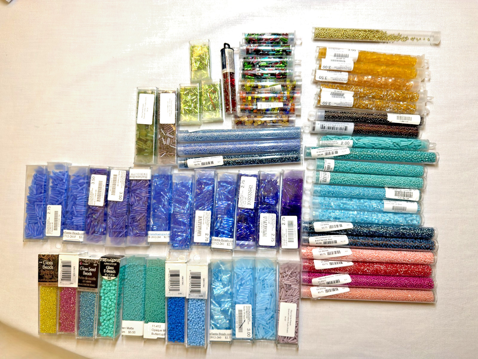 Assorted seed and bugle beads. Various colors, finishes, sizes.