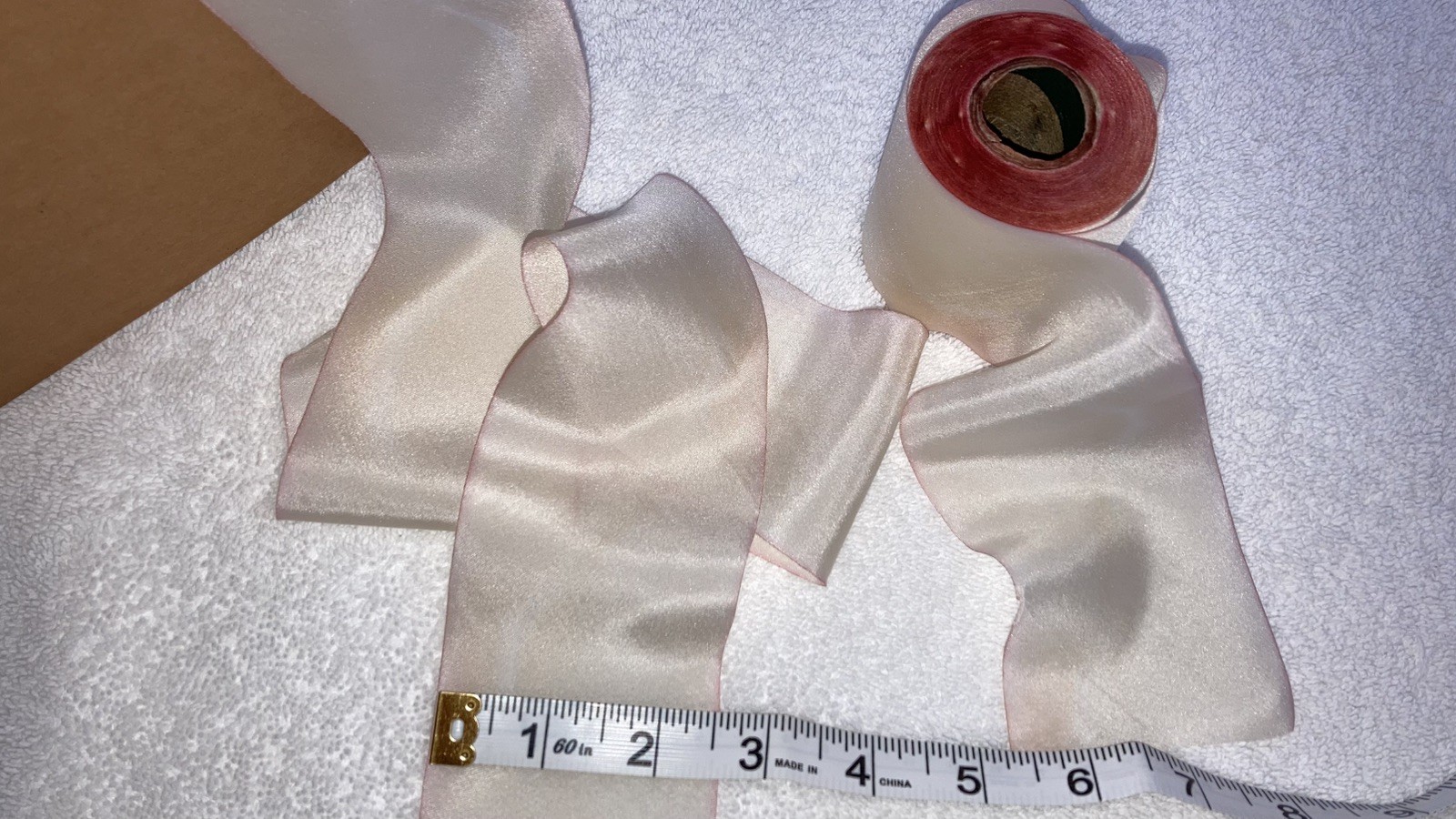 VINTAGE Hanah 100% Silk Sheer Ribbon 36″ Cut Bias Hand Dyed IVORY PINK 2.5″ WIDE