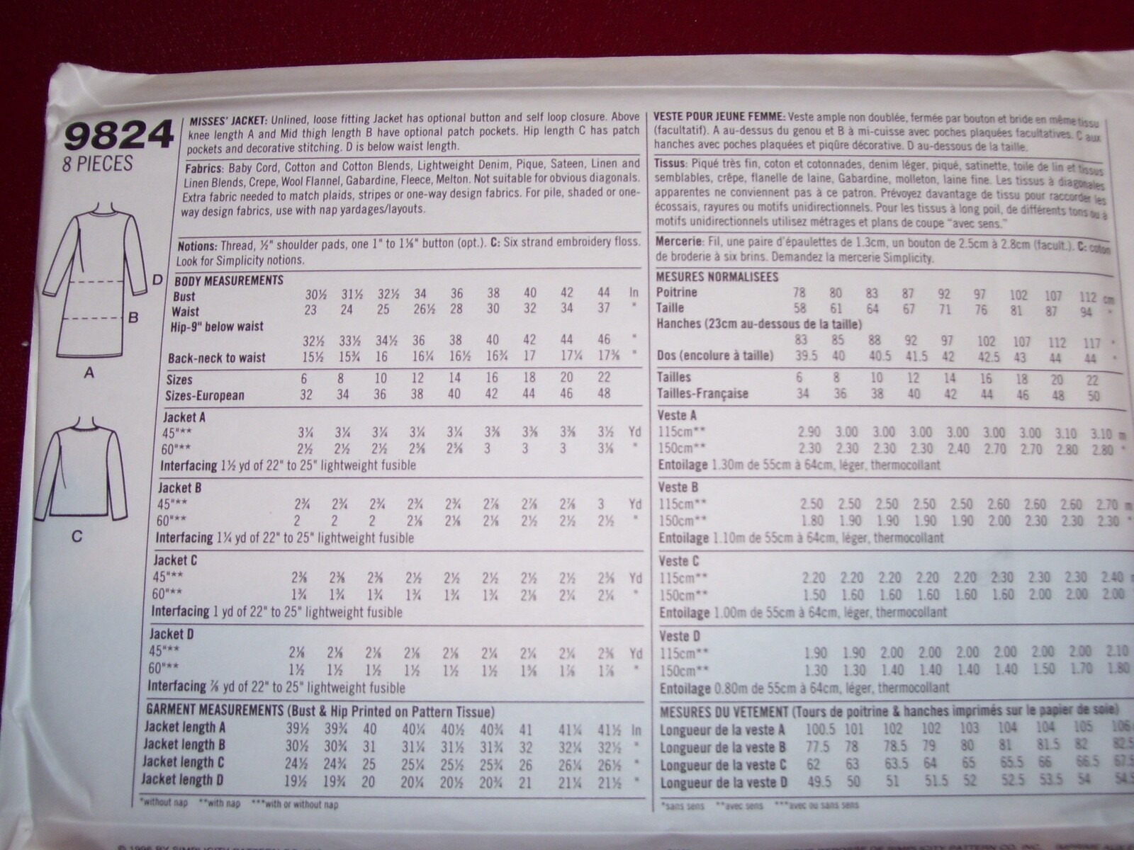 🌸 UNCIRCULATED SIMPLICITY #9824 – LADIES ( 2 HR-4 STYLE ) JACKET PATTERN 6-16FF