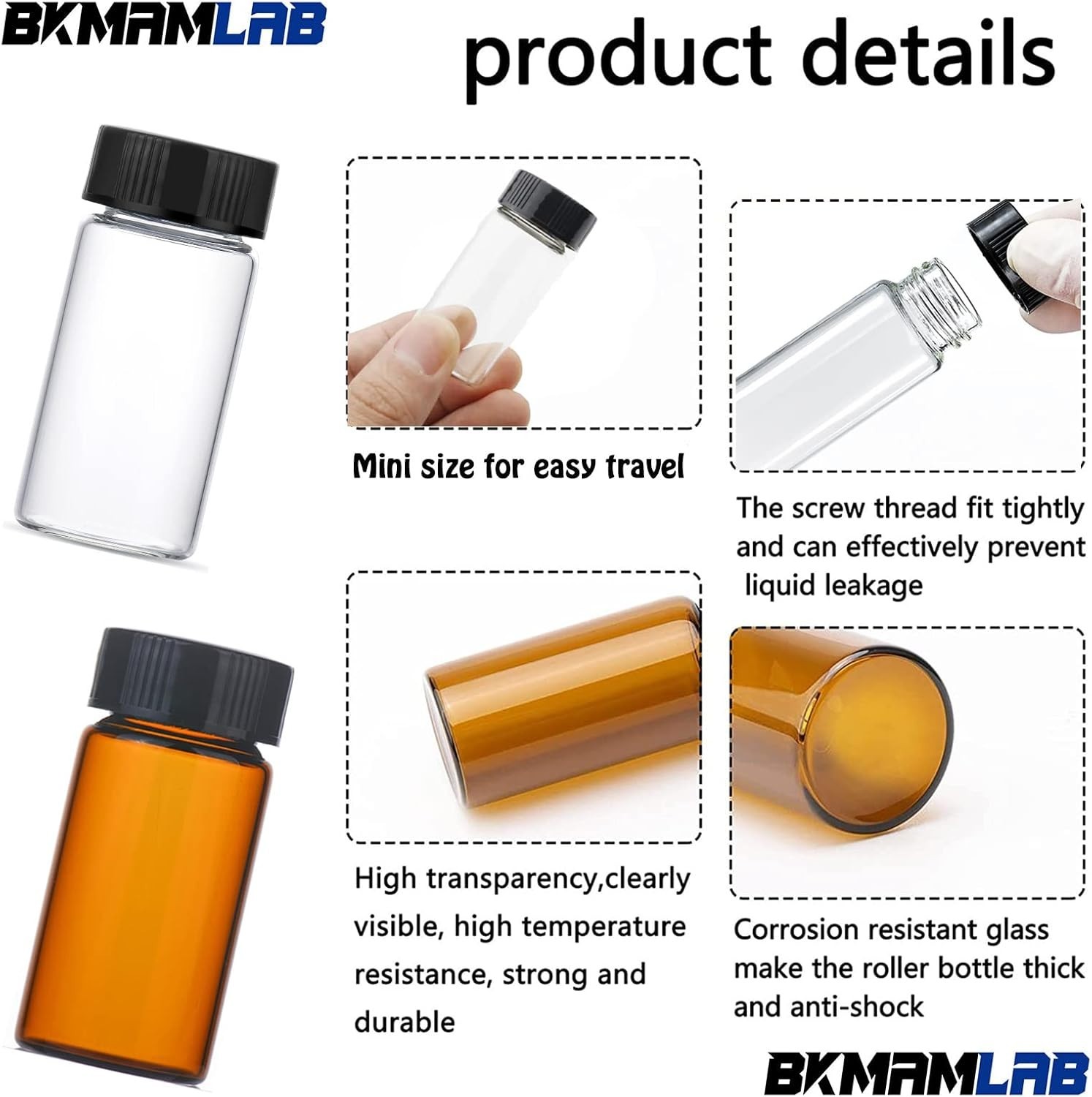 50pcs 10ml Amber Glass Vials with Screw Caps for Travel & Essential Oils