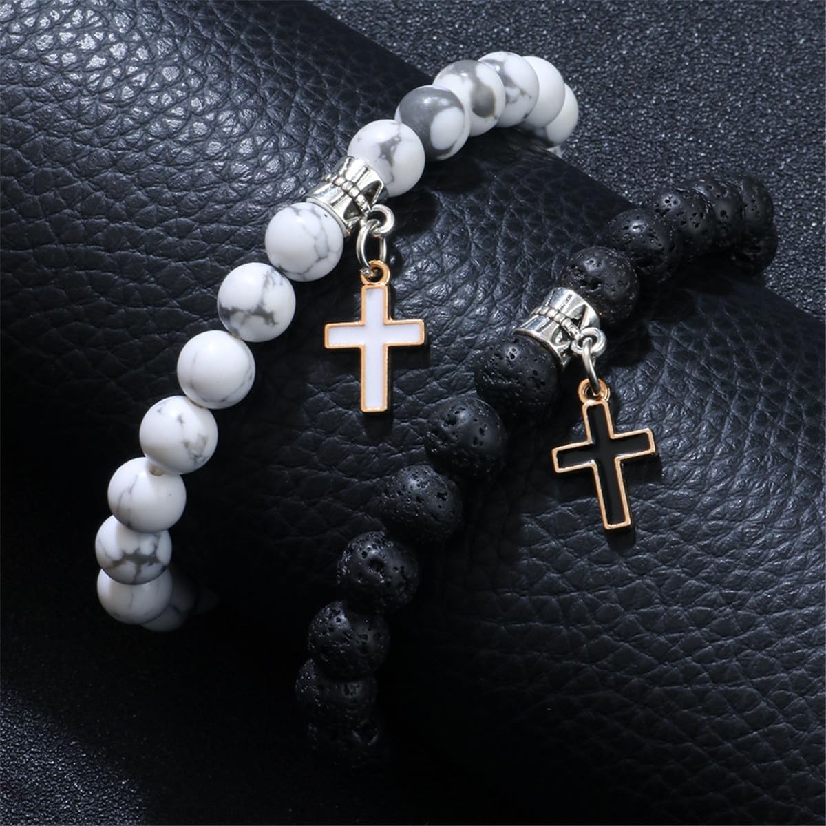 2 Pieces White Turquoise Black Beaded Bracelet for Women Unisex Cross Pendant Co