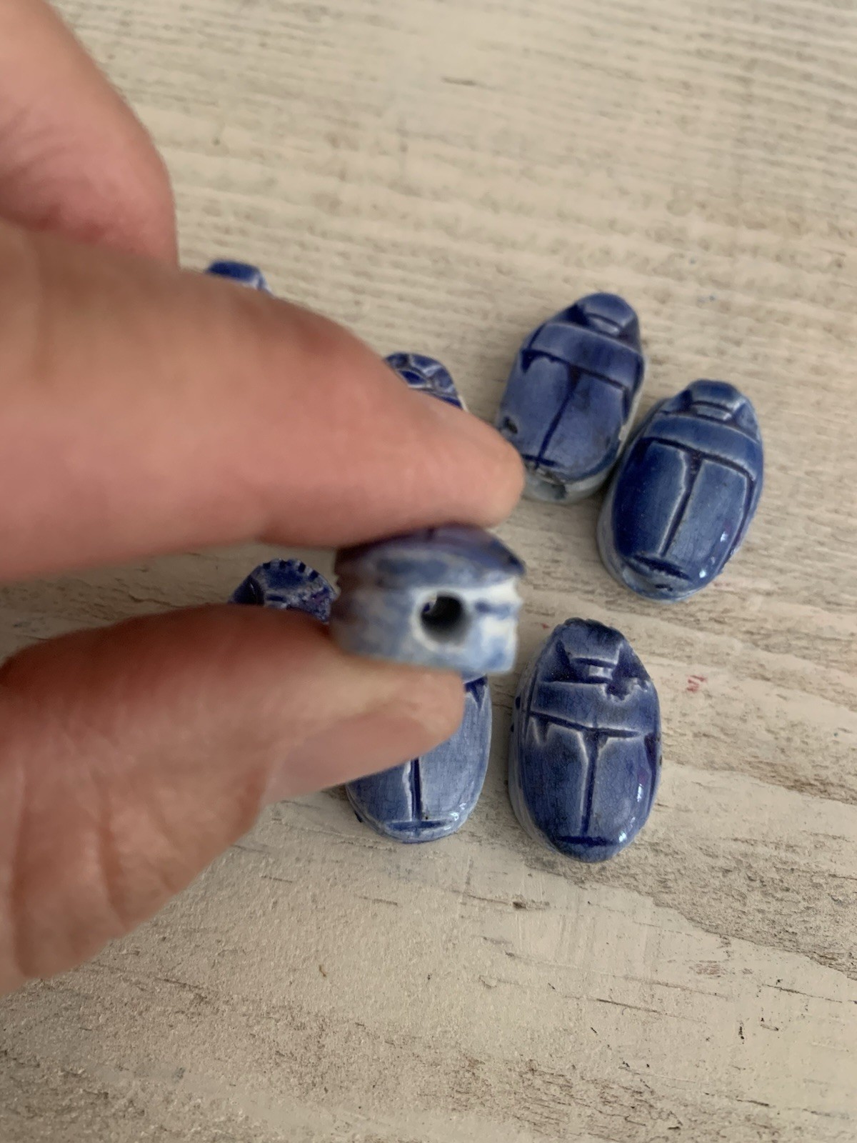 Scarab Beatle Stone Beads From Egypt. 8 Blue Scarabs.