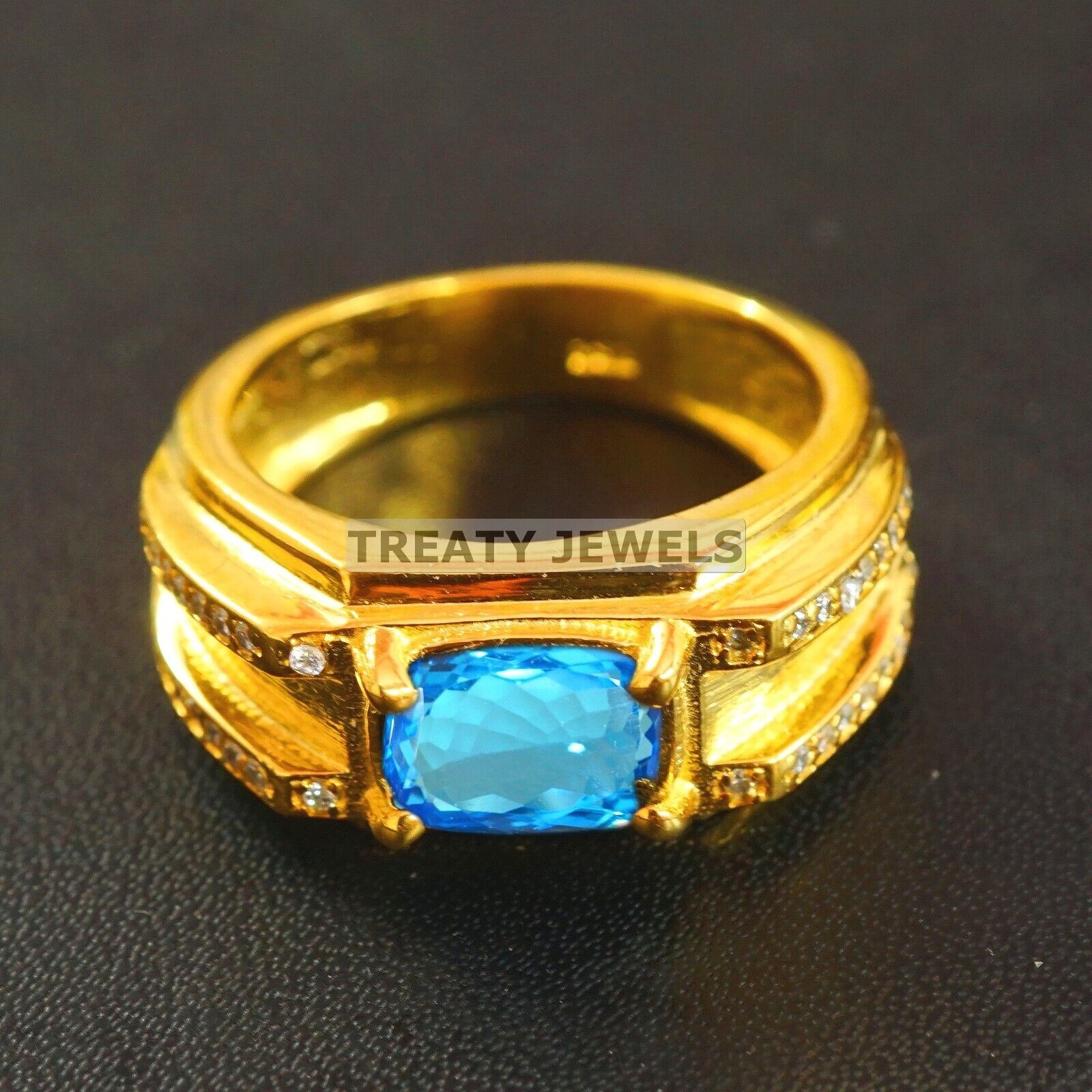 Blue Topaz Oval Cut With 14k Yellow Gold Ring For Men’s #A871 #