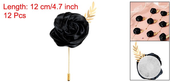 12pcs Black Rose Boutonnieres Flower Buttonholes Pocket with Leaf (4.7 x 2 Inch)