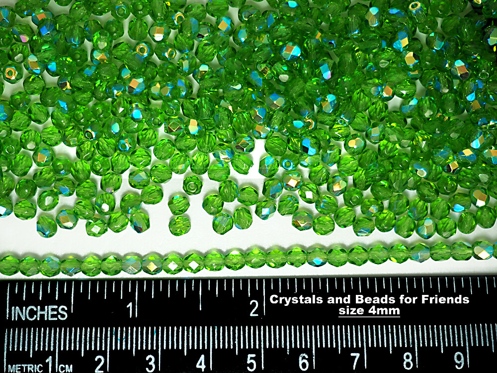 Czech Fire Polished Round Faceted Beads in Peridot AB coated 16″ strand green AB