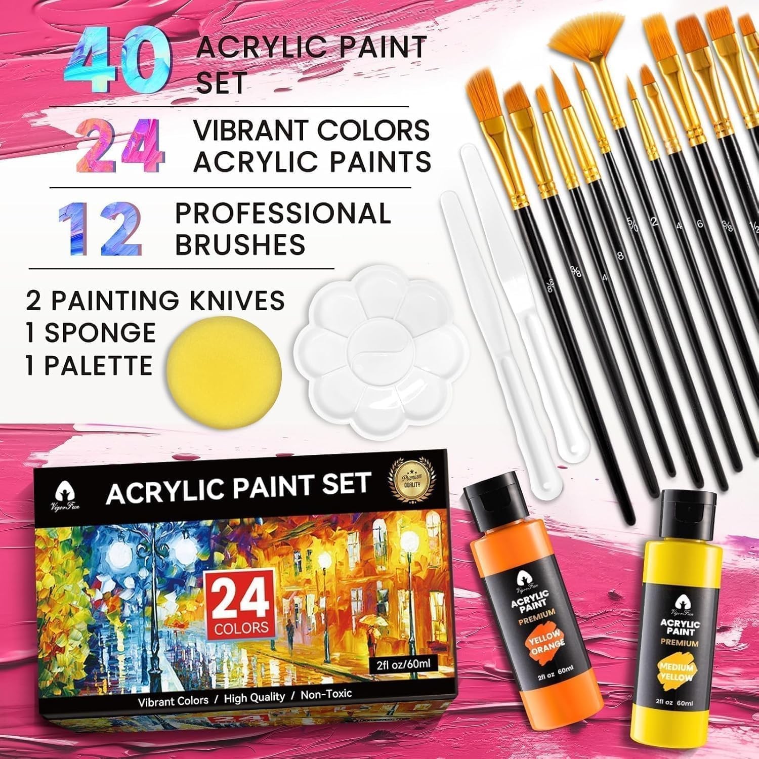 40 PCS Acrylic Paint Set – 24 Colors (2oz/60ml) with Brushes, Knives & Palett…