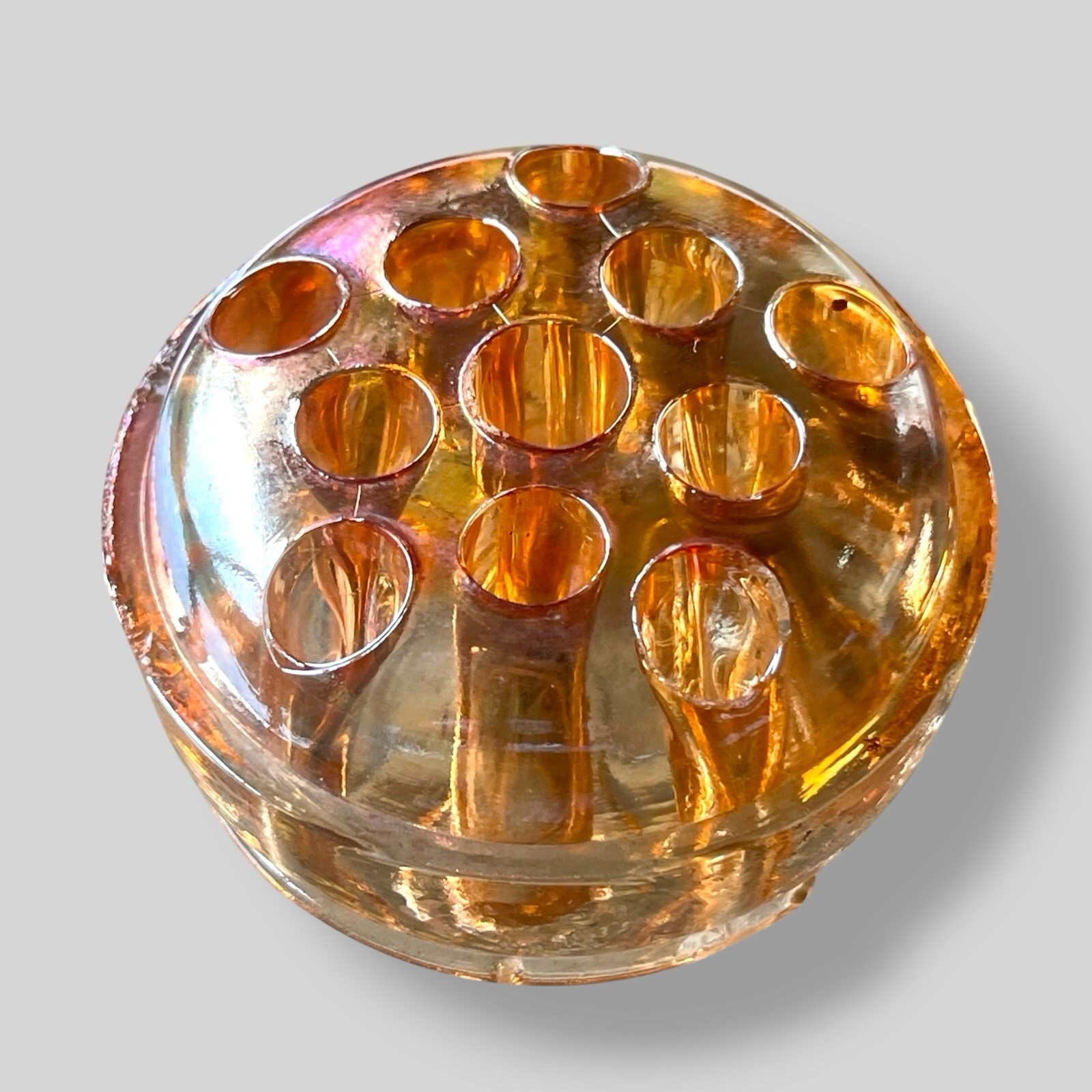 Vintage Amber Glass Flower Frog 11 Hole Floral Arranger Round Vase Insert