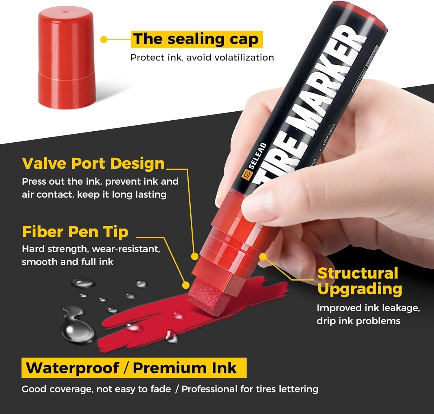 SELEAD Jumbo Tire Marker White Red – 4 Pack 15mm Wide Tip Paint Pens for Car Tir
