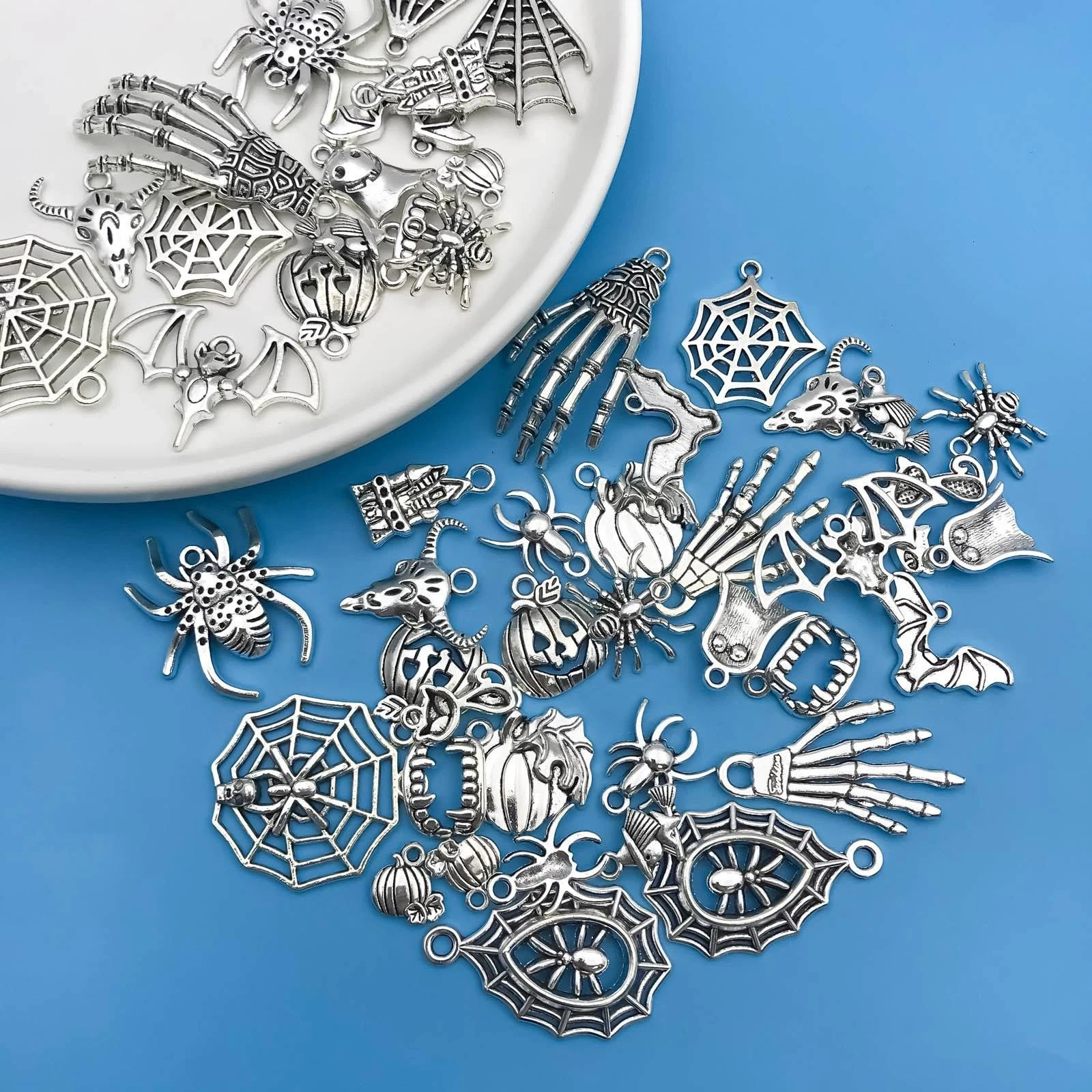 Halloween Charms 50pcs Silver Zinc Alloy Diy Jewelry Making Kit Pendants Bulk Se
