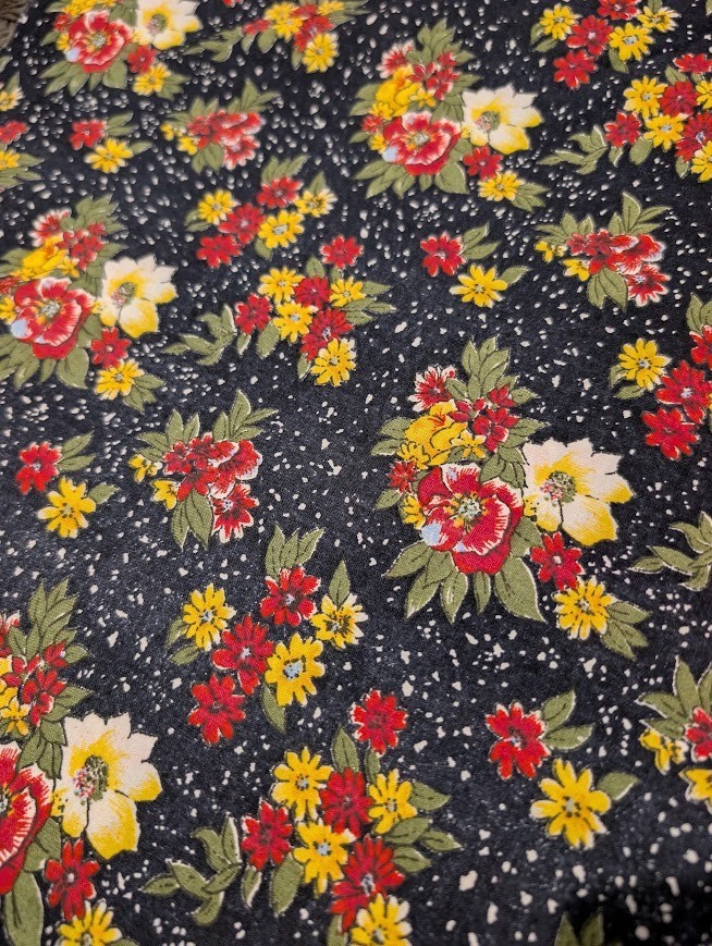 Vintage Fabric Black Background Red and Yellow Flowers 1 yard Cotton