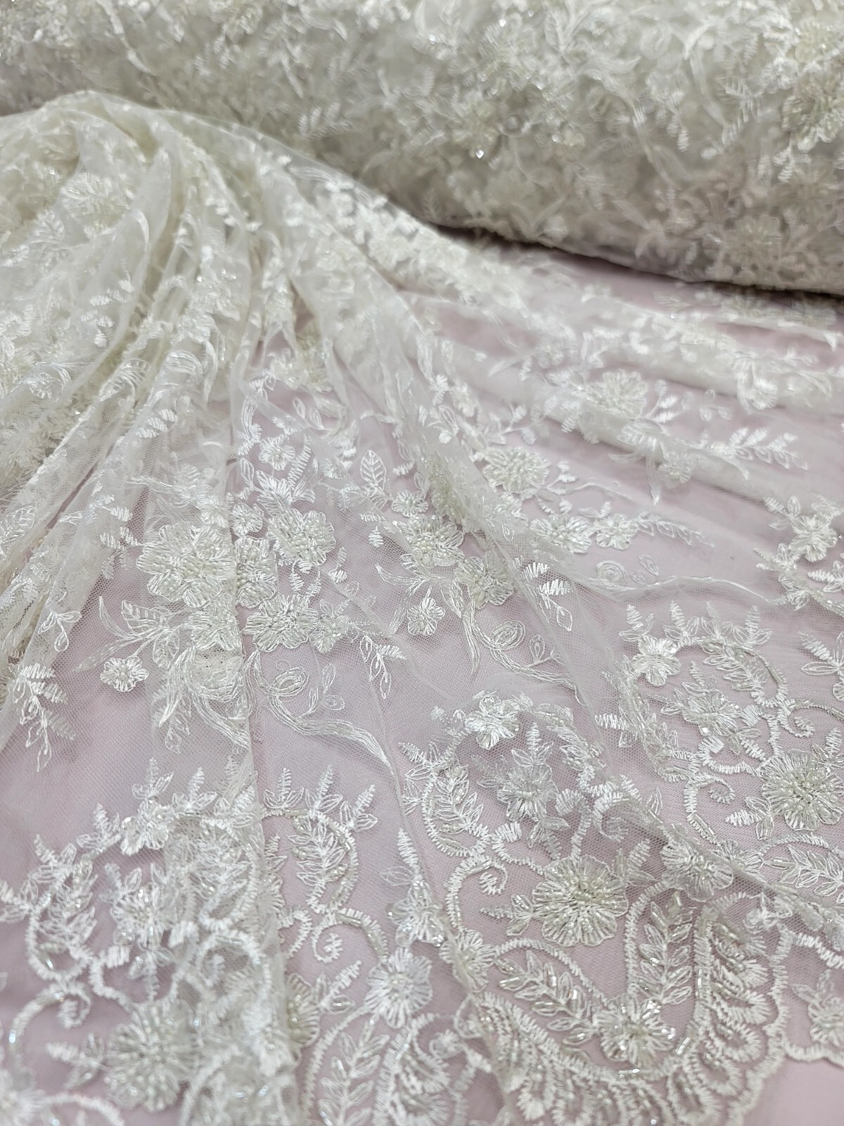 OFF WHITE Beaded Embroidery Bridal Lace Fabric By The Yard Wedding Fabric Scallo