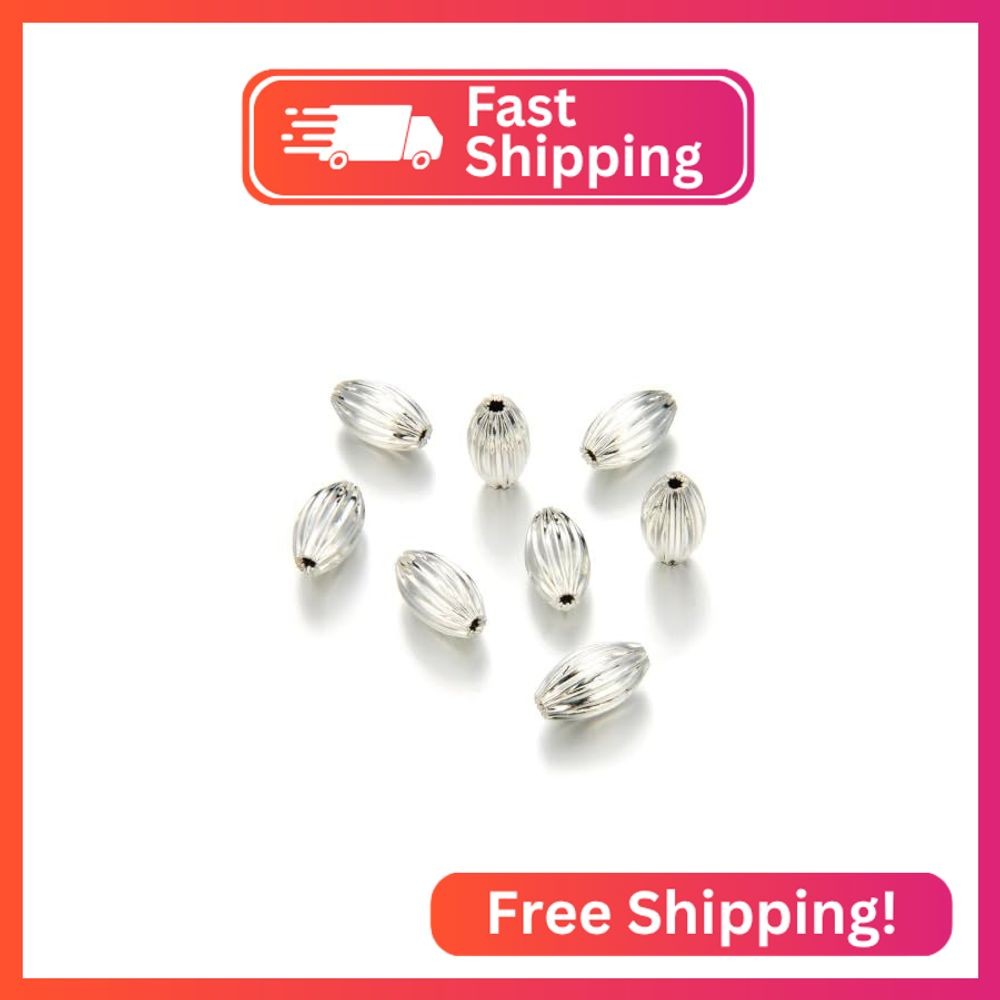 50pcs Sparkle Sterling Silver Plated Corrugated Oval Melon Beads 7x4mm