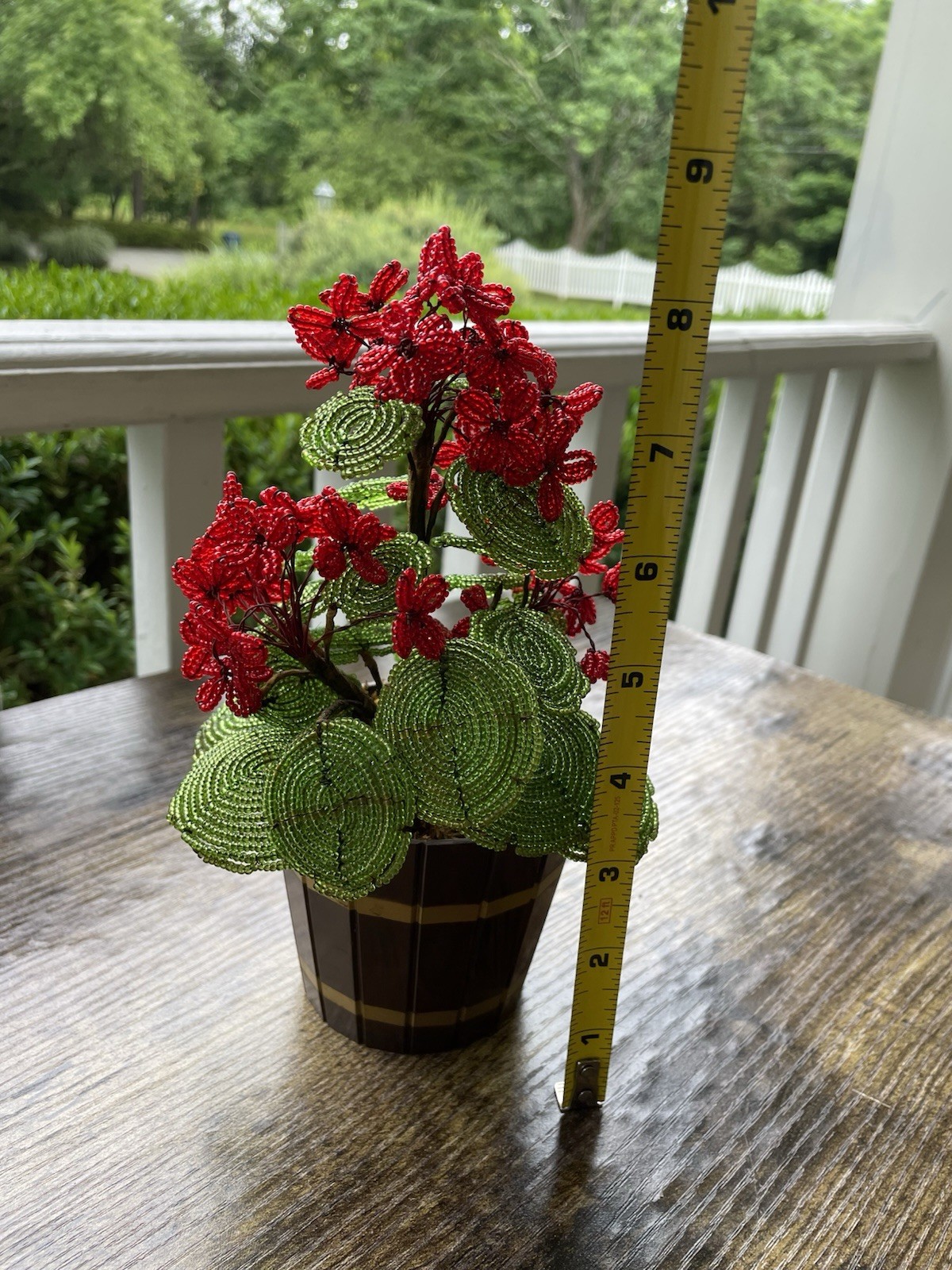 Vintage French Glass Seed Beaded Flowers Red Geranium Beaded Potted Arrangement