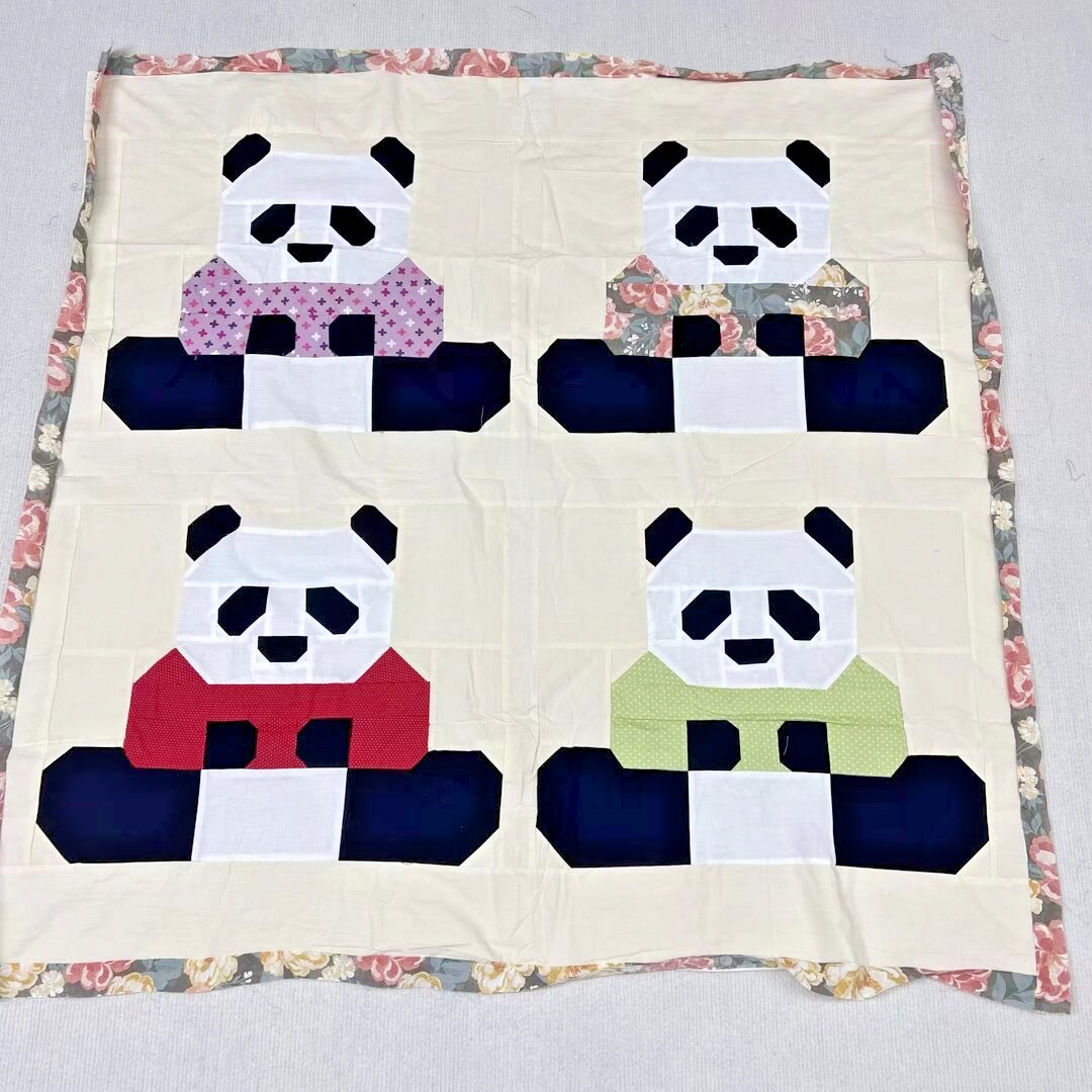 Handmade Original Panda Baby Quilt Top 45×45″ Pieced~ BABY/BED/Wall Decor