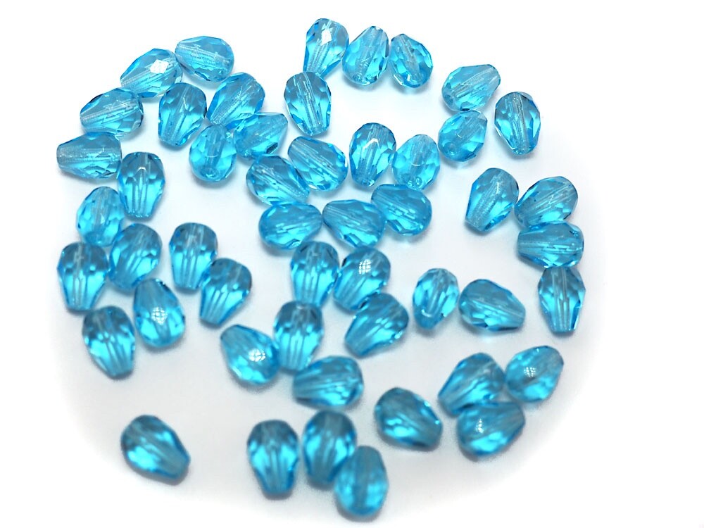 Czech Glass Pear Shaped Fire Polished Beads 7x5mm Aqua blue Tear Drops, 50 pcs