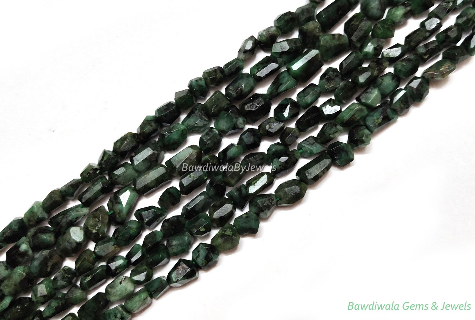 Natural Emerald Faceted Nugget Beads – Green Emerald Gemstone Tumble Bead Strand