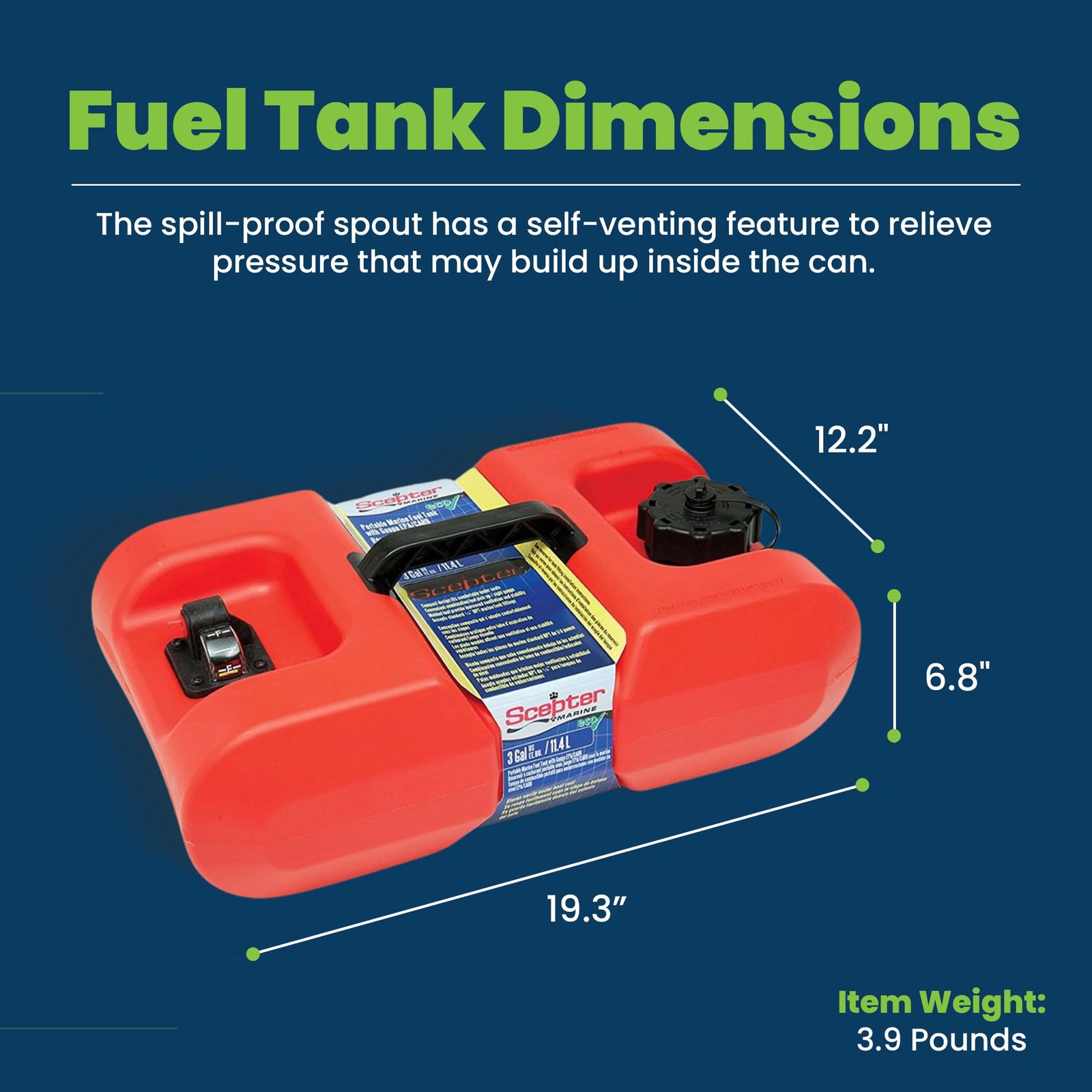 Scepter 3 Gallon Portable Marine Gas Can Boat Fuel Tank 2-Way Vented Cap