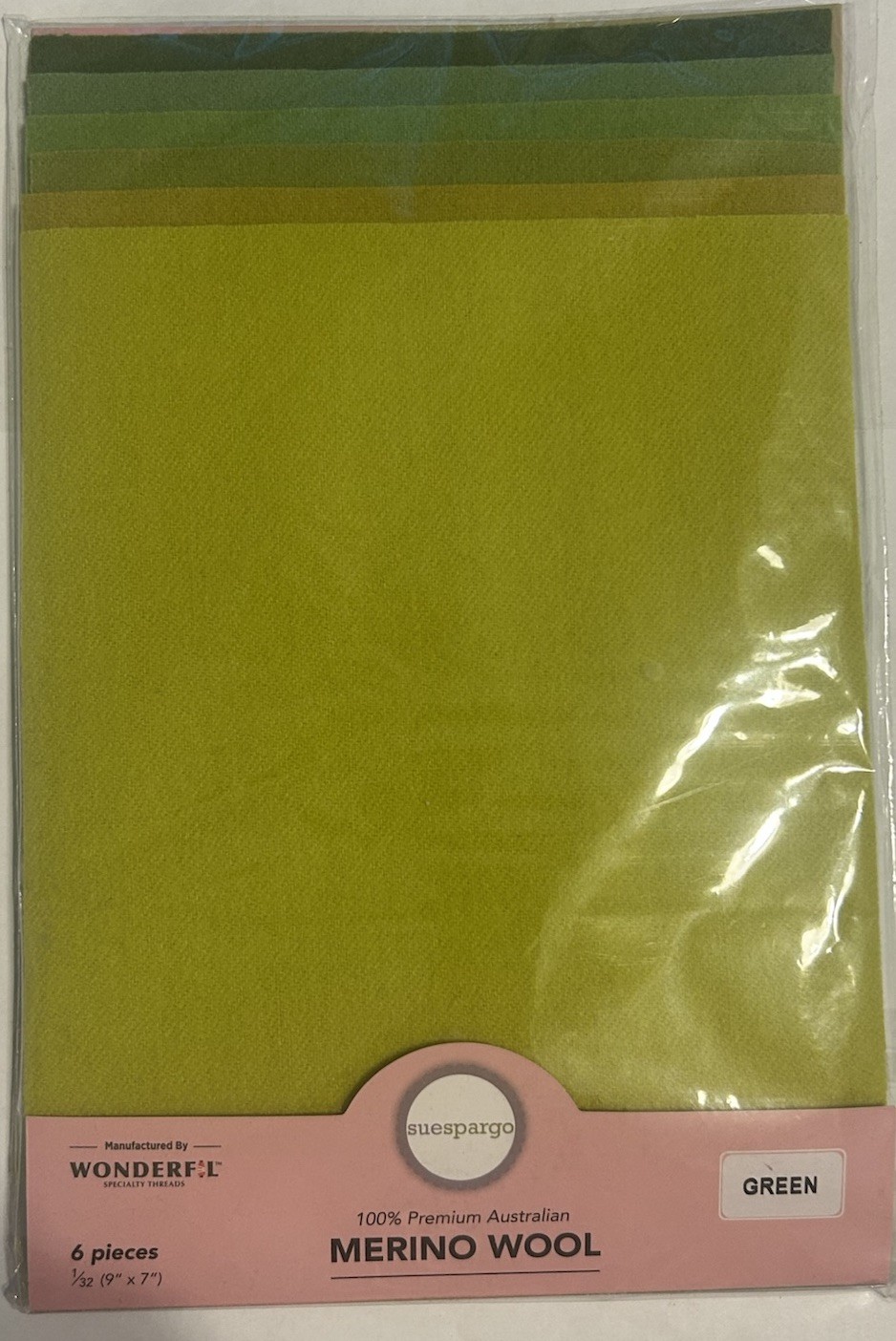 Sue Spargo Merino Wool Fabric Pack – GREEN – 1/32 – 9″x 7″ – 6 pieces