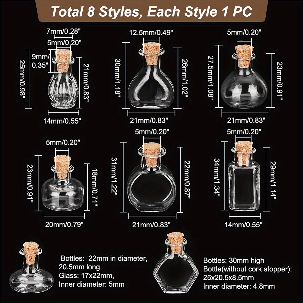 1set 8pcs Mini Glass Bottles Clear Glass Jars Empty Wishing Bottles with Cork