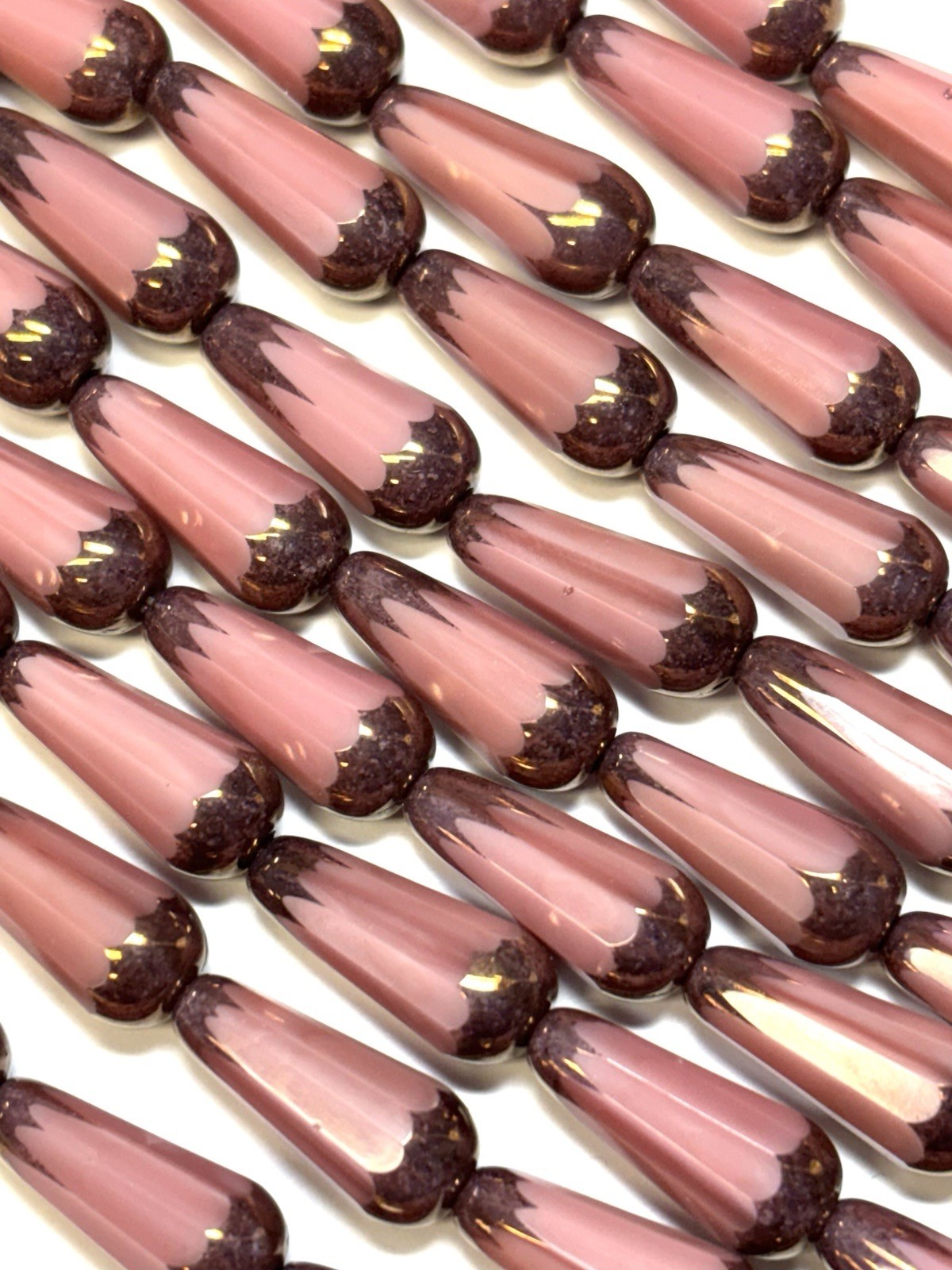 6 Czech Glass Pink Silk w/ Bronze Faceted Teardrop Beads 19x8mm