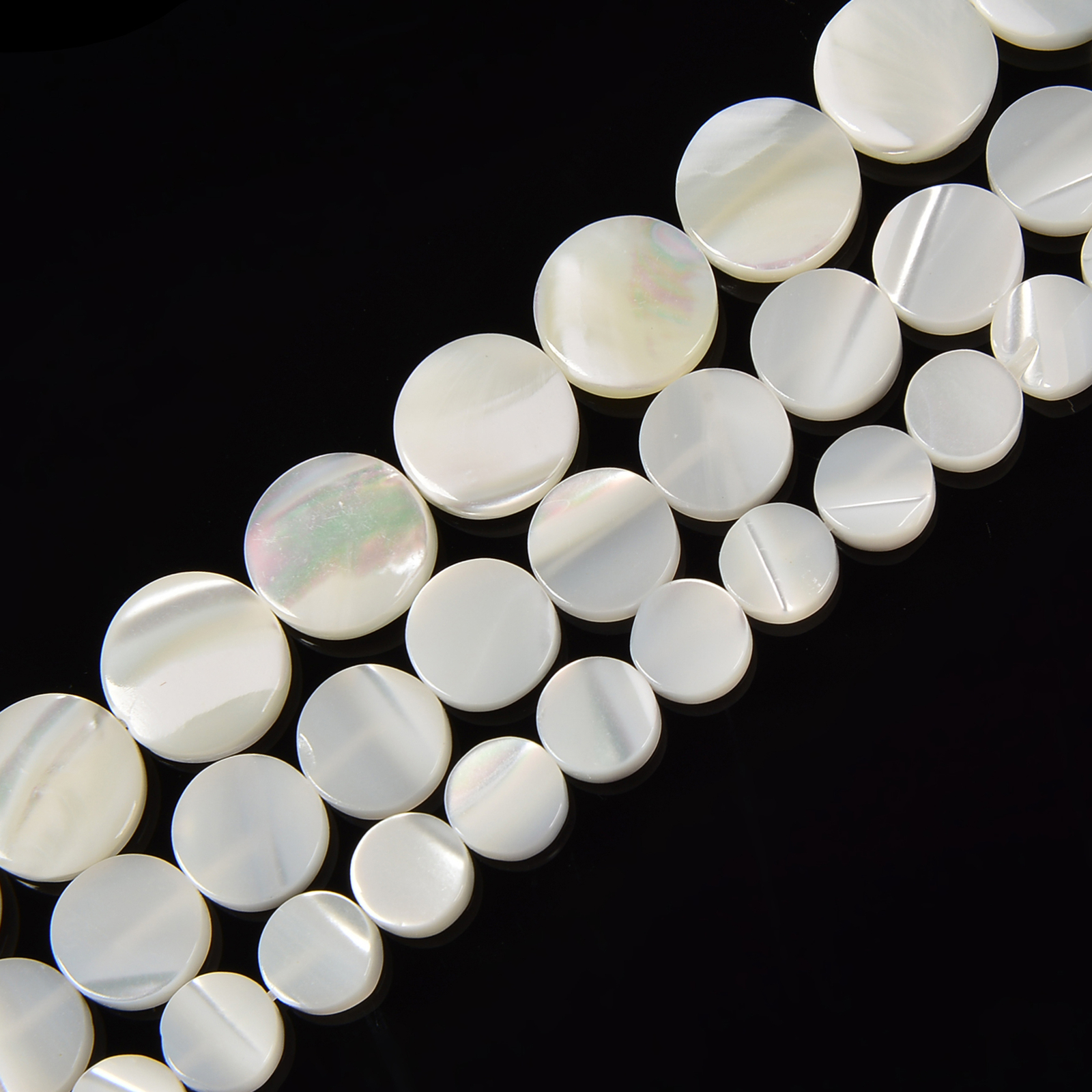 Iridescent White Mother of Pearl MOP Shell Coin Beads 6mm 8mm 10mm 15.5” Strand
