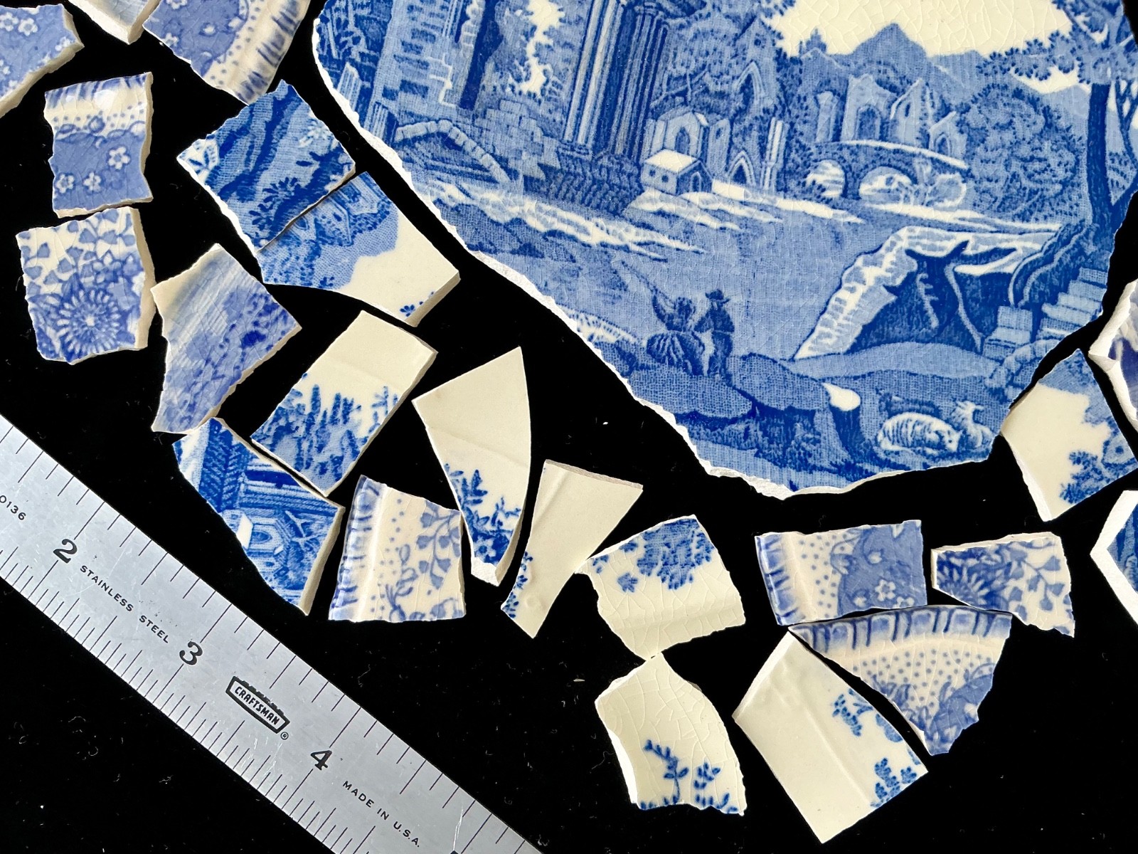 Broken China Mosaic Tiles Blue & White 50+pcs & Lg Focal pc ~English Abbey Scene