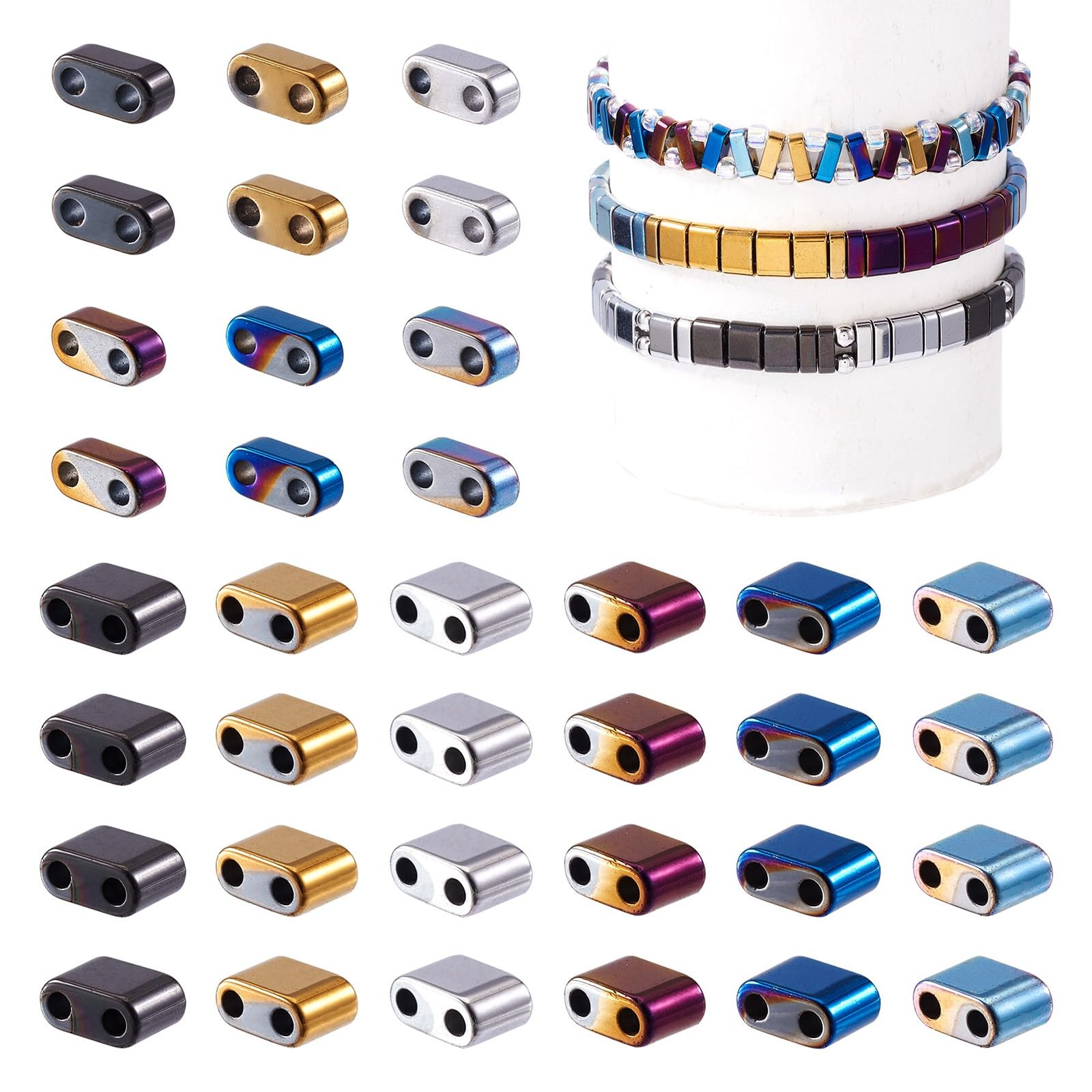 480Pcs Tila Beads Metallic 2-Hole Seed Beads Rectangle Hematite Mixed Half